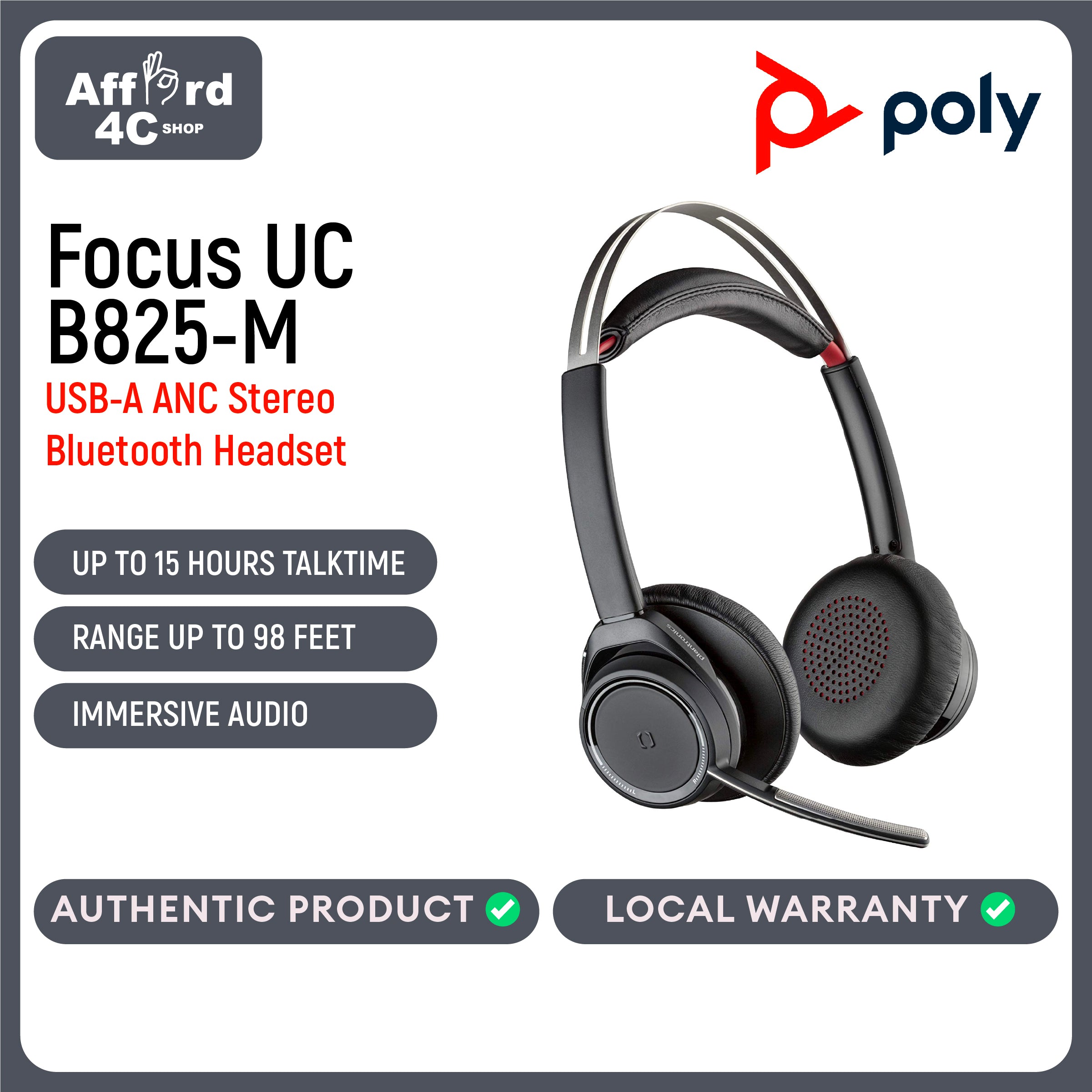 Poly Voyager Focus UC B825-M Active Noise Cancelling Stereo Bluetooth Headset No Stand, USB-A