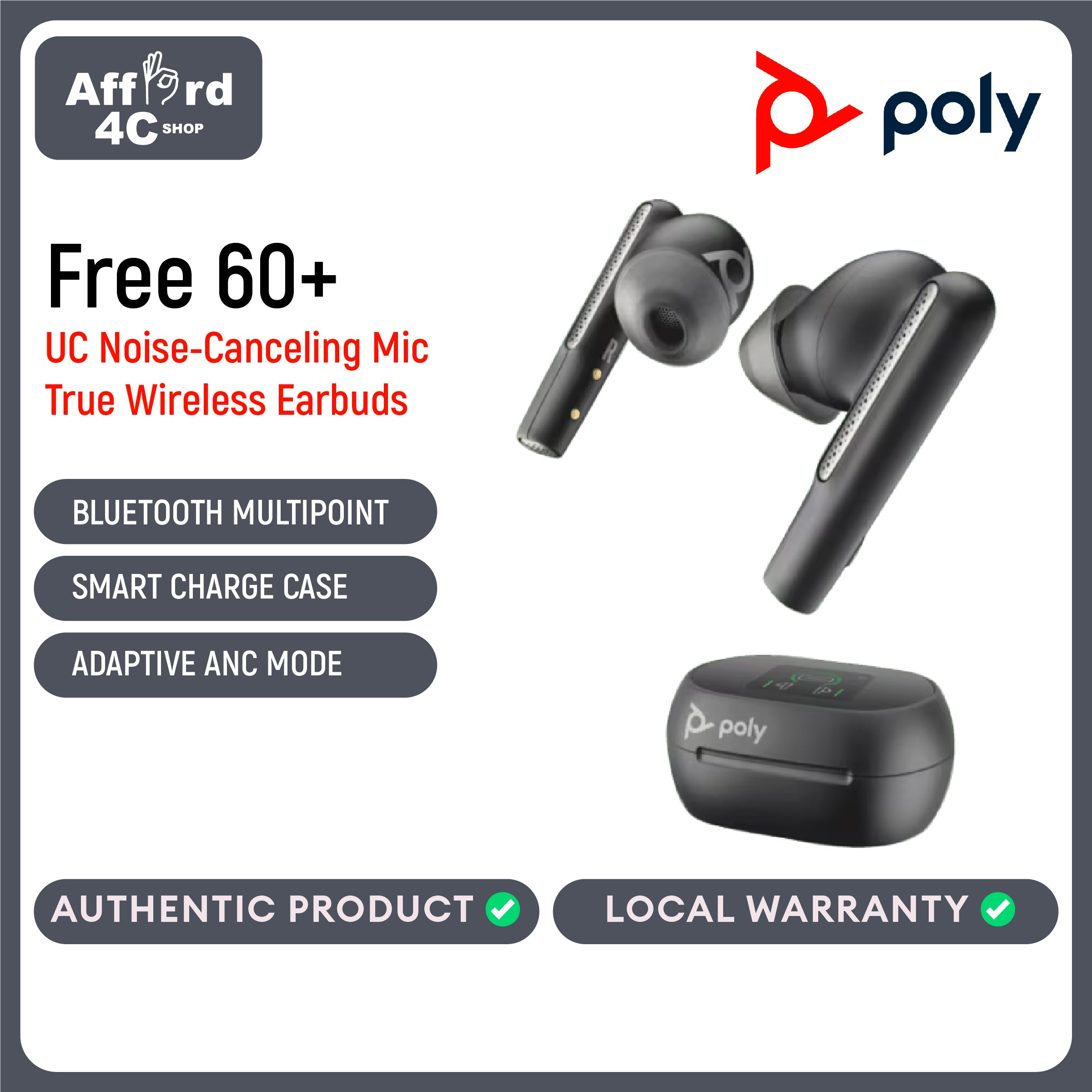 Poly Voyager Free 60+ UC True Wireless Earbuds (Plantronics) – Noise-Canceling Mics for Clear Calls – ANC – Smart Charge Case w/Touch Controls