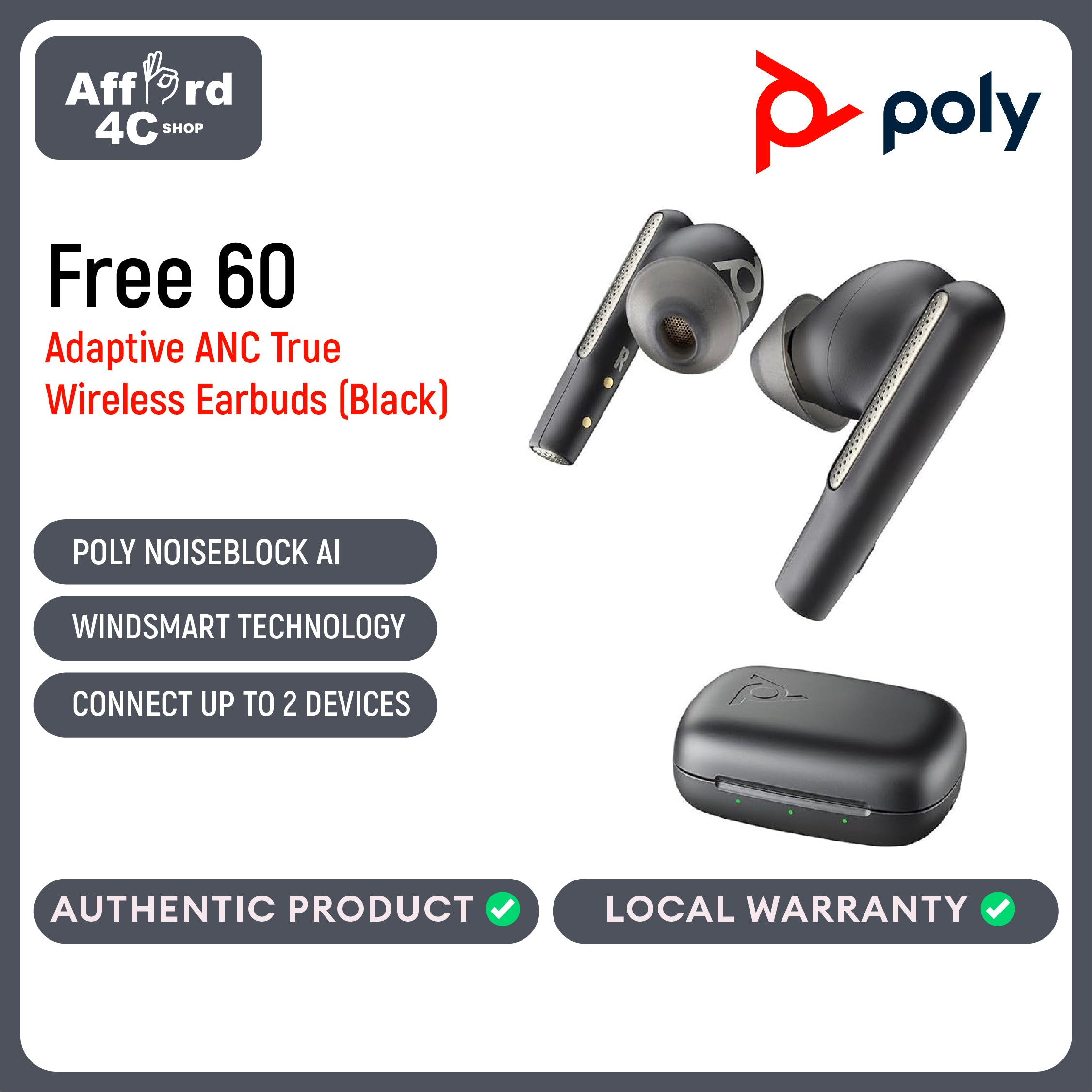 Poly Voyager Free 60 UC True Wireless Earbuds (Plantronics) – Noise-Canceling Mics for Clear Calls – ANC – Portable Charge Case