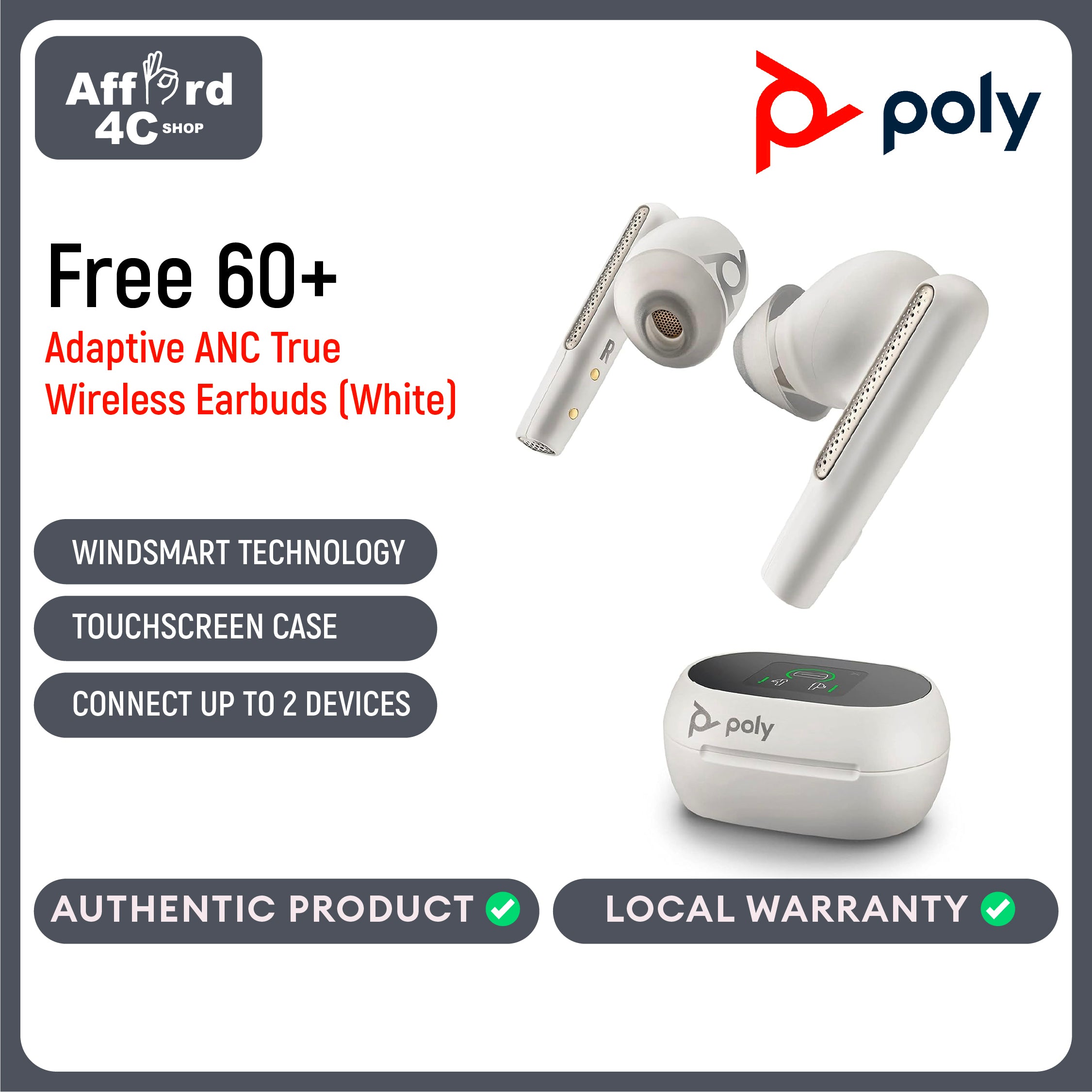 Poly Voyager Free 60+ UC True Wireless Earbuds (Plantronics) – Noise-Canceling Mics for Clear Calls – ANC – Smart Charge Case w/Touch Controls