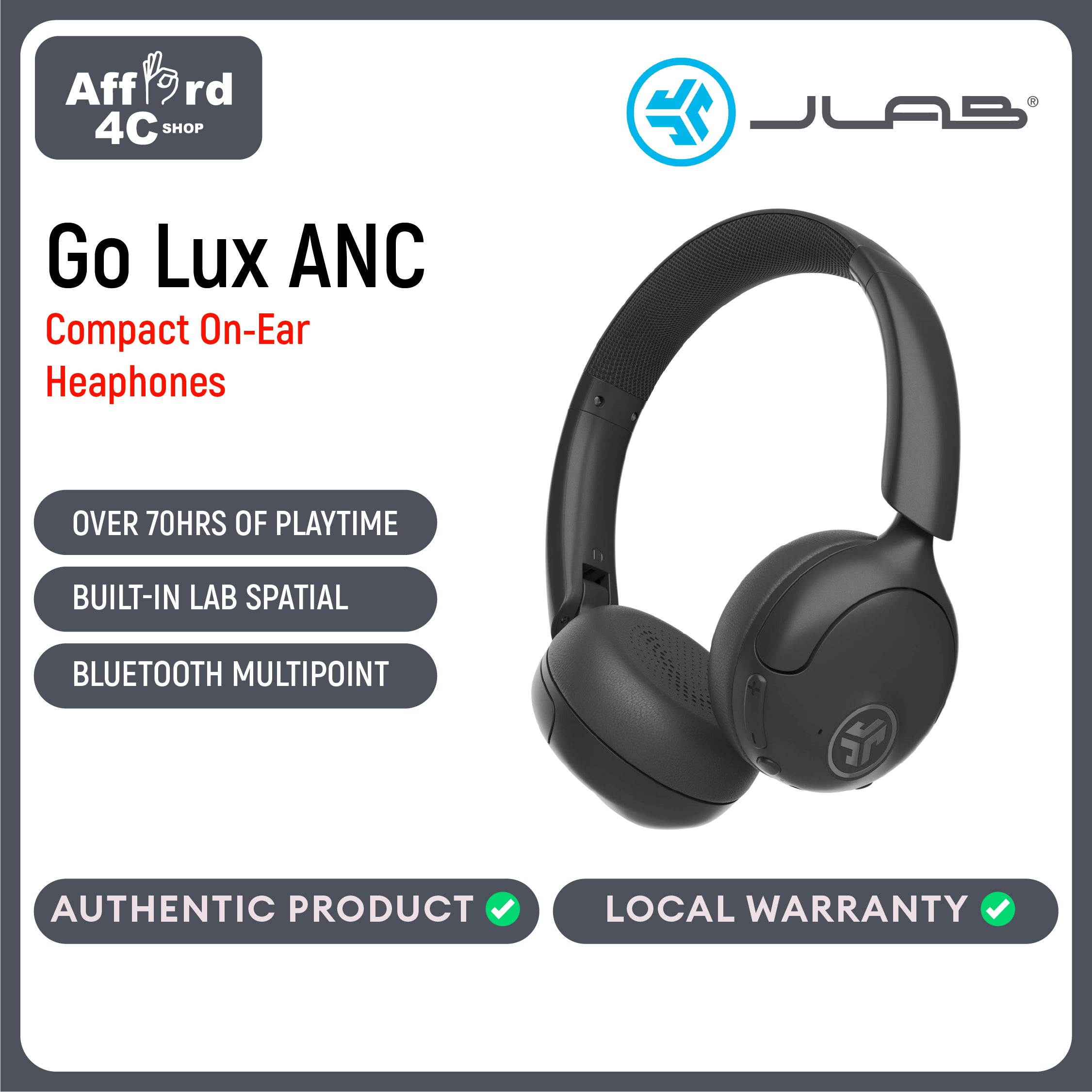 JLab Go Lux ANC Wireless Headphones, Graphite, Hybrid Active Noise Cancelling, Premium On-Ear Bluetooth Headset, Customizable Sound, Be Aware Mode, Cloud Foam Comfort, Multipoint Connection