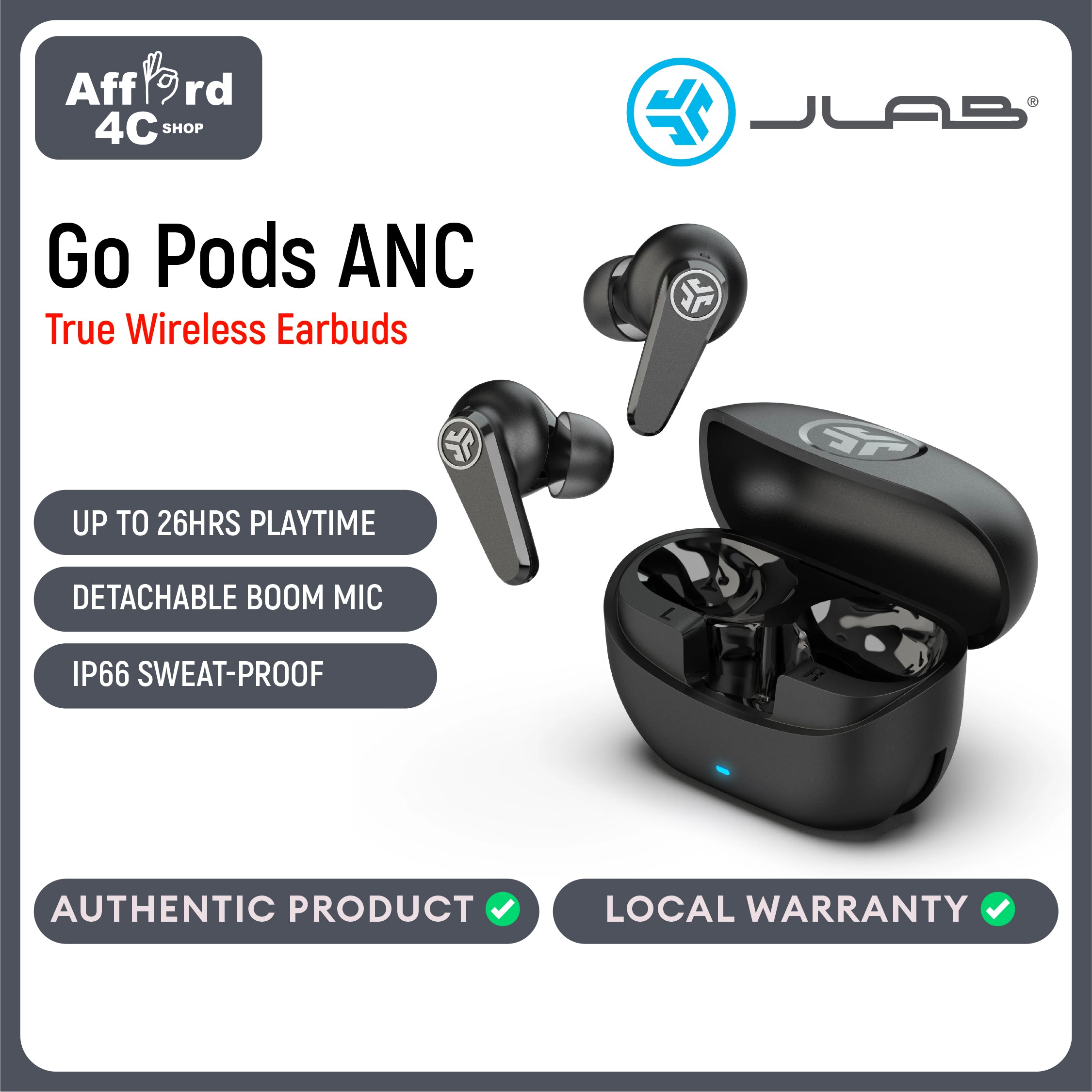JLab Go Pods ANC True Wireless Bluetooth Earbuds & Charging Case, Black, Hybrid Active Noise canceling + Be Aware for Safe Listening, 26+ Hours Total Playtime, Clear Calls, Custom Sound via App