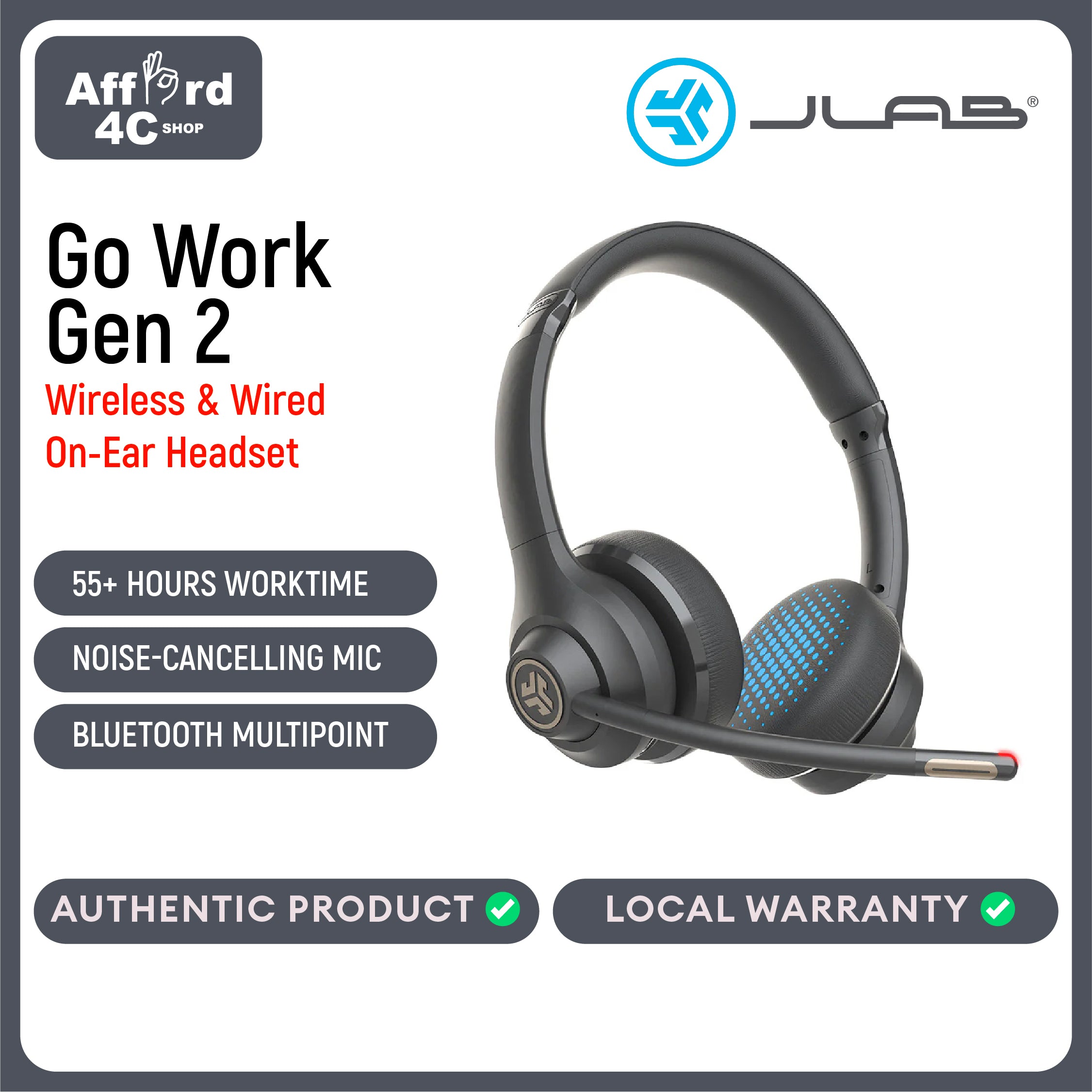JLab Go Work Gen 2 Wireless Headsets with Microphone - 55+ Playtime PC Bluetooth Headset and Multipoint Connect to Laptop Computer and Mobile - Wired or Wireless (Bluetooth or USB Dongle) Headphones