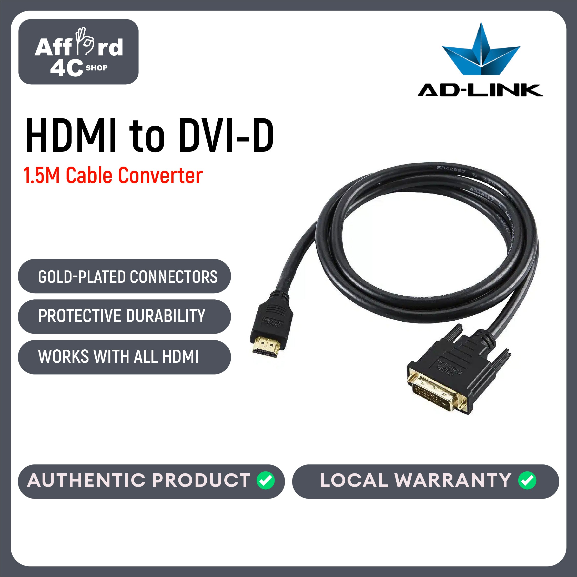 AD-LINK HDMI to DVI-D Cable 1.5M