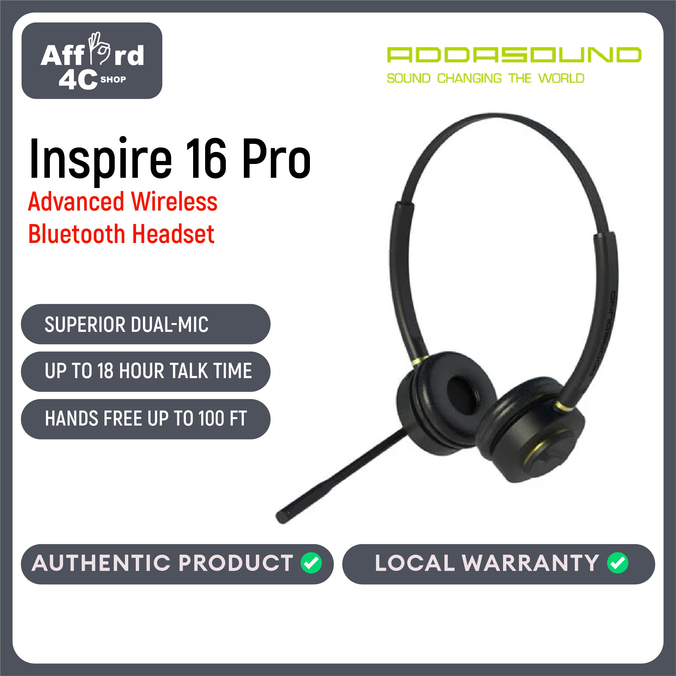 Addasound Inspire16 Binaural Wireless Headset Pro