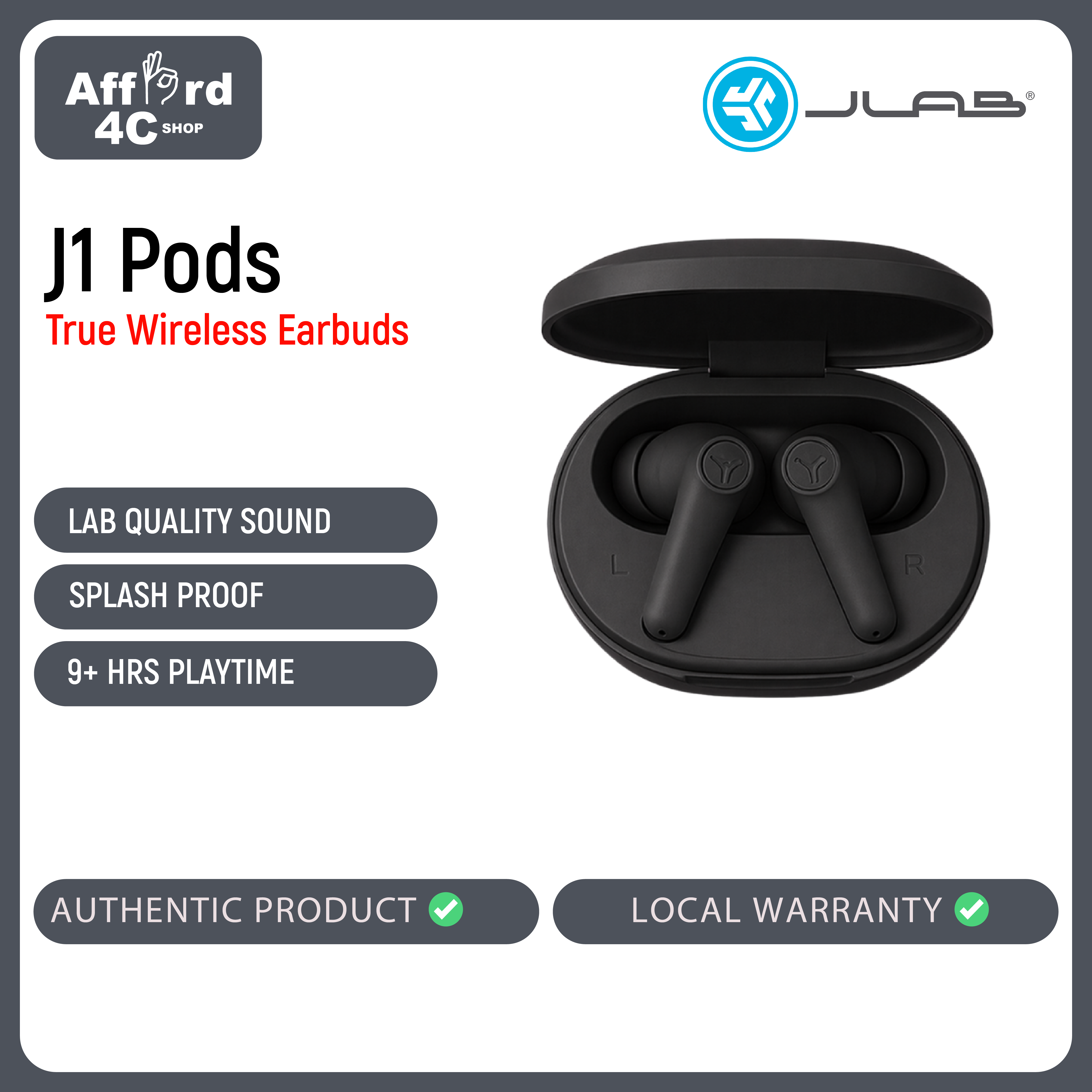 JLab J1 Pods True Wireless Earbuds with 35+ hours of Bluetooth playtime, Be Aware Mode, Clear calls