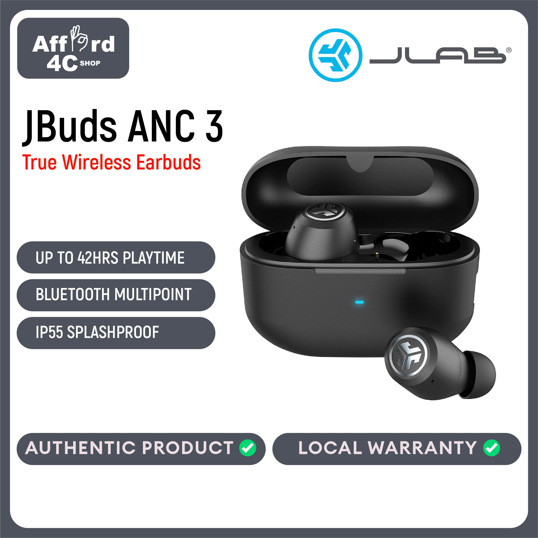 JLab JBuds ANC 3 True Wireless Earbuds with Charging Case, 42 Hours of Total Playtime, 9 Hours Per Charge, Smart Active Noise Canceling, Custom Sound Via App, Multipoint Connect, Google Fast Pair