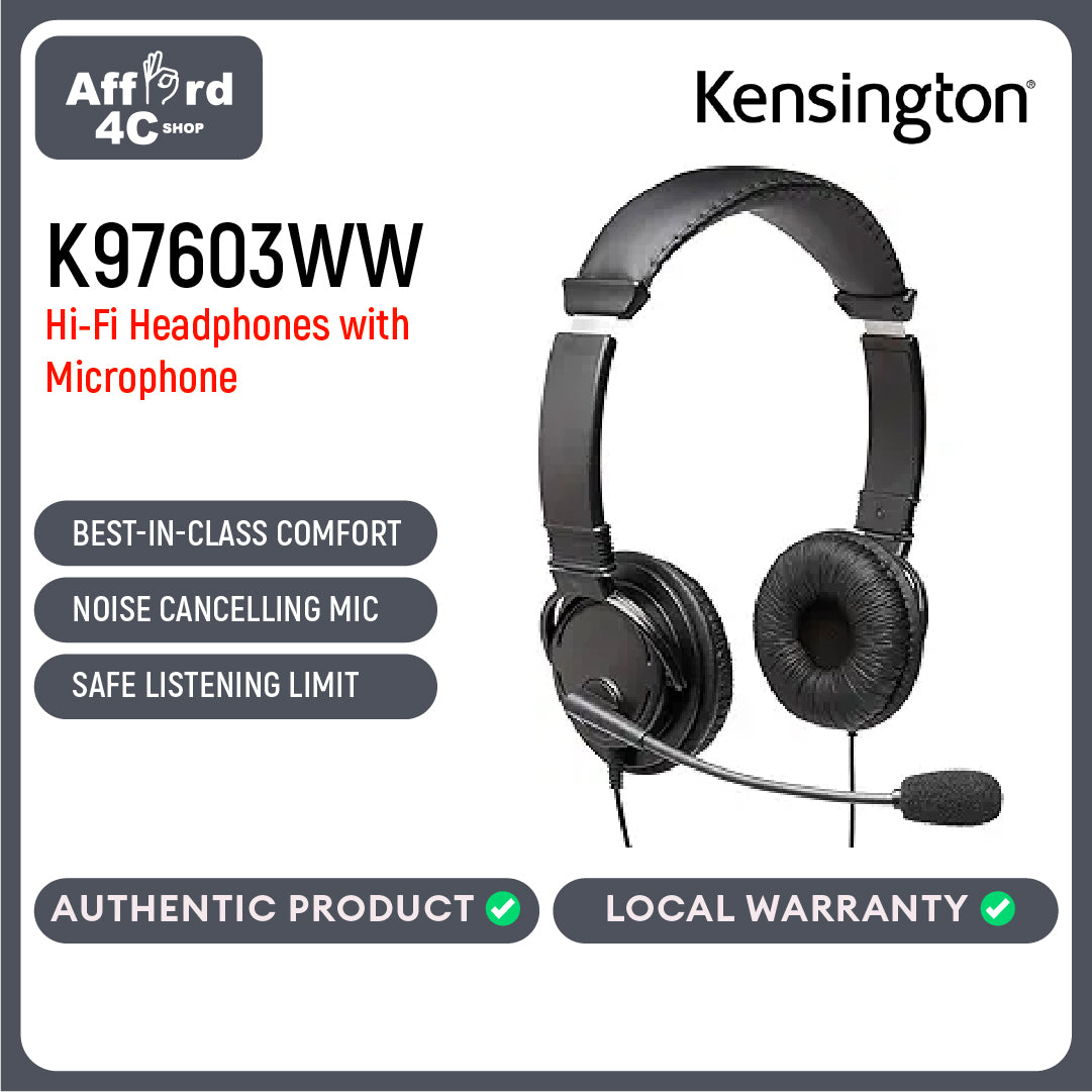 Kensington Hi-Fi Headphones with Microphone (K97603WW), Black, Universal