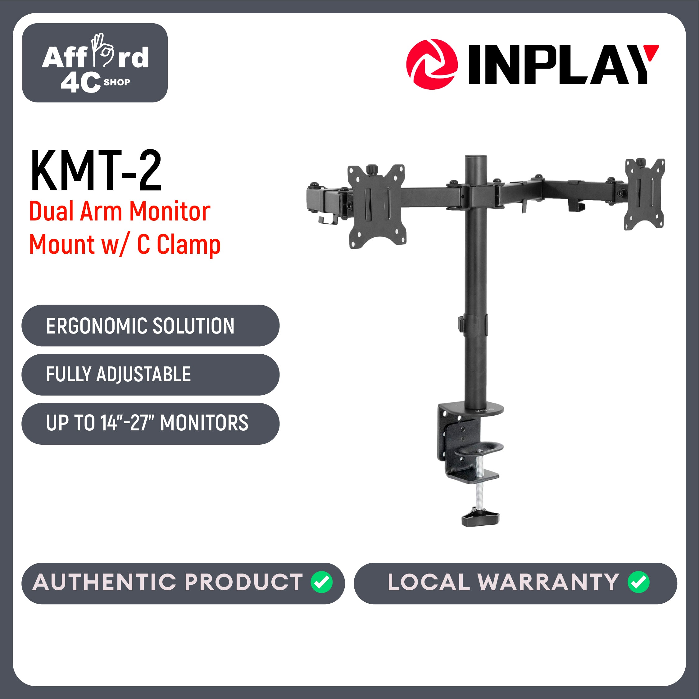 Inplay KMT-2 Dual Arm Monitor Mount 13-27" Fully Adjustable with C Clamp Stand
