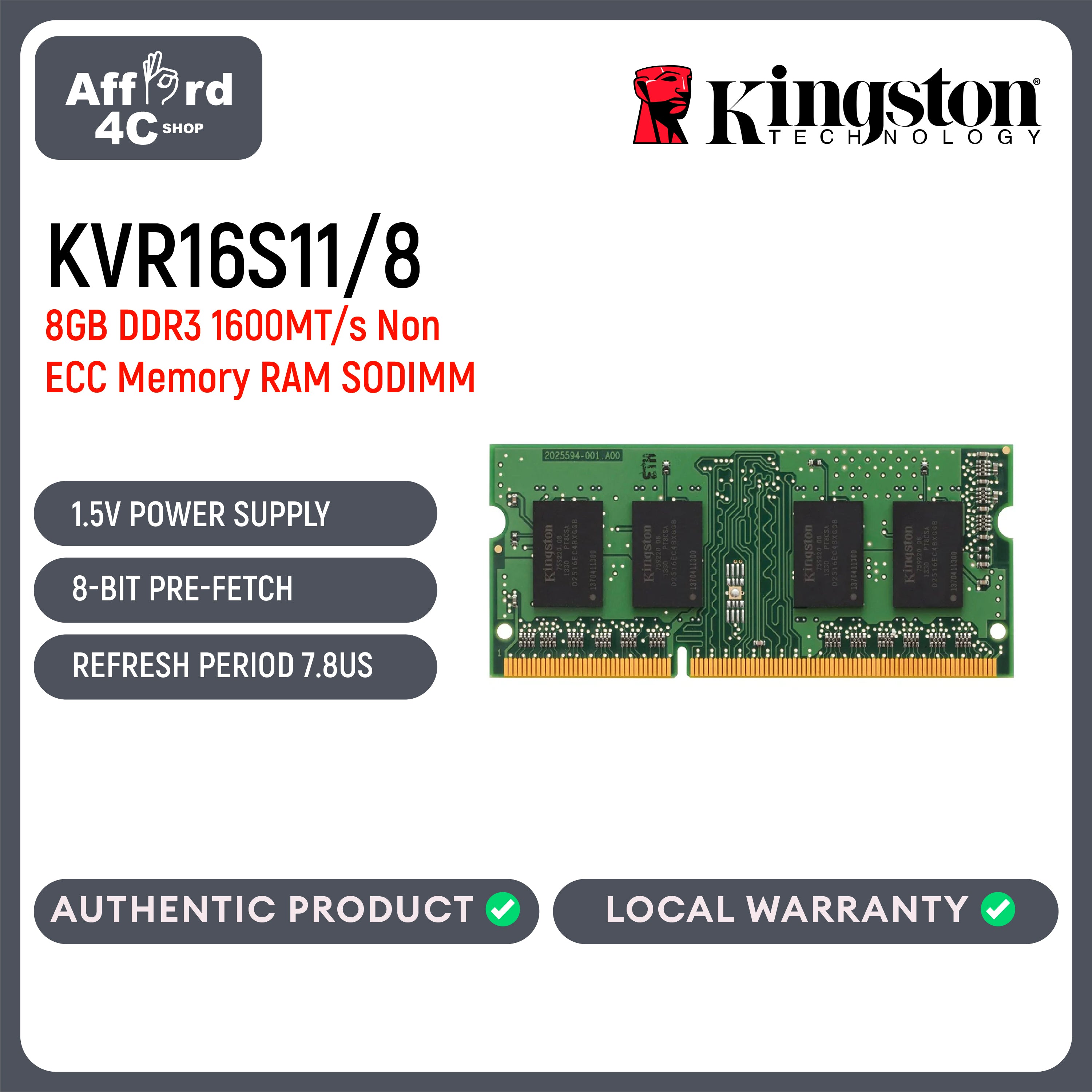 Kingston KVR16S11/8 8GB DDR3 1600MT/s Non ECC Memory RAM SODIMM