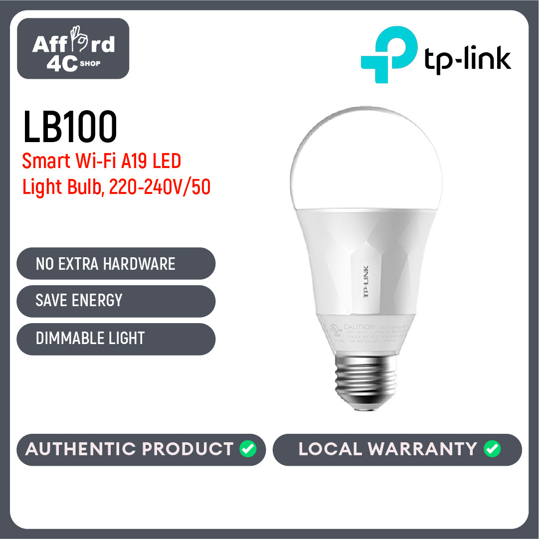 TPLink LB100 Smart Wi-Fi A19 LED Light Bulb, 220-240V/50