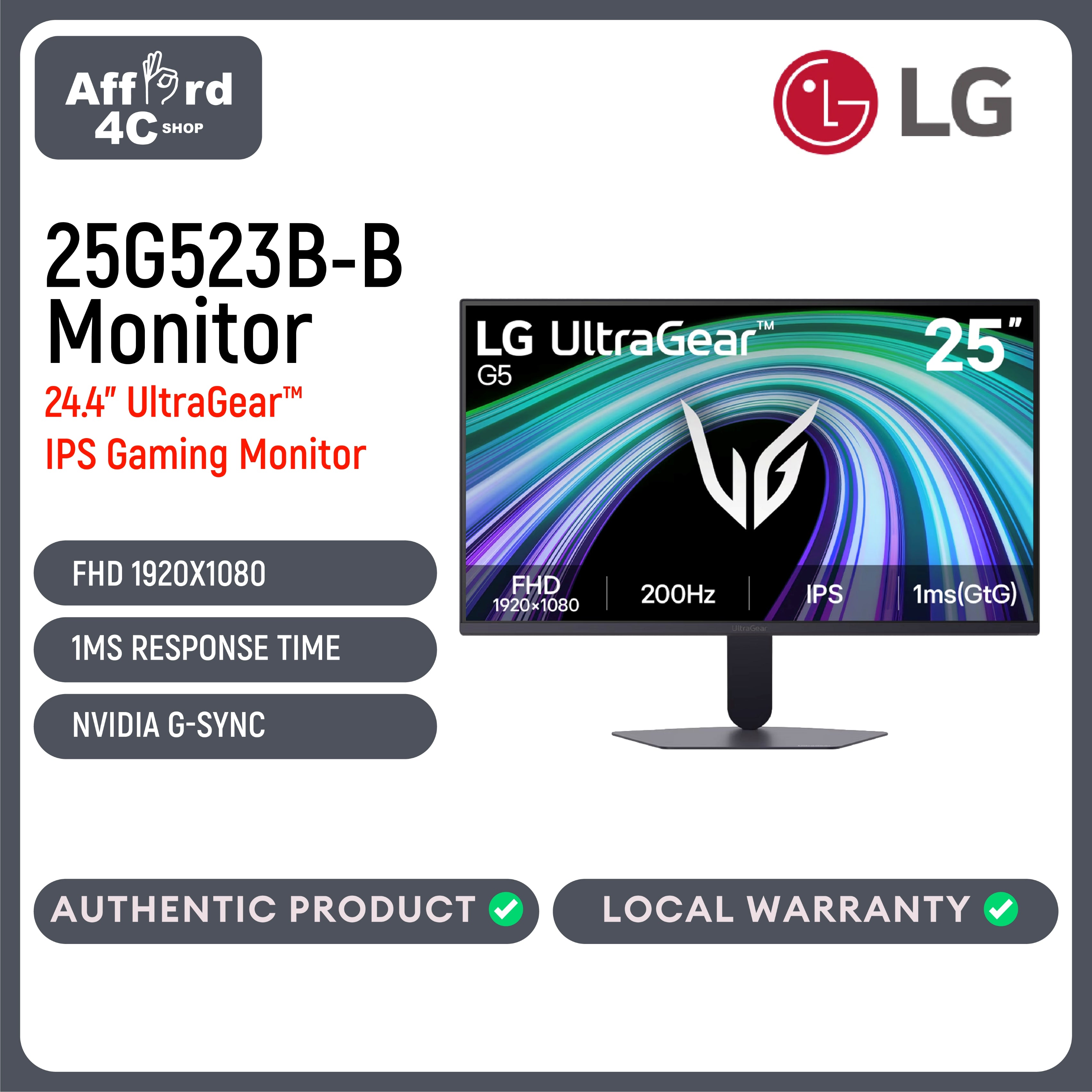 LG 25G523B-B 24.4" Ultragear Full HD (1920 x 1080) IPS Gaming Computer, 200Hz, 1ms, NVIDIA G-Sync