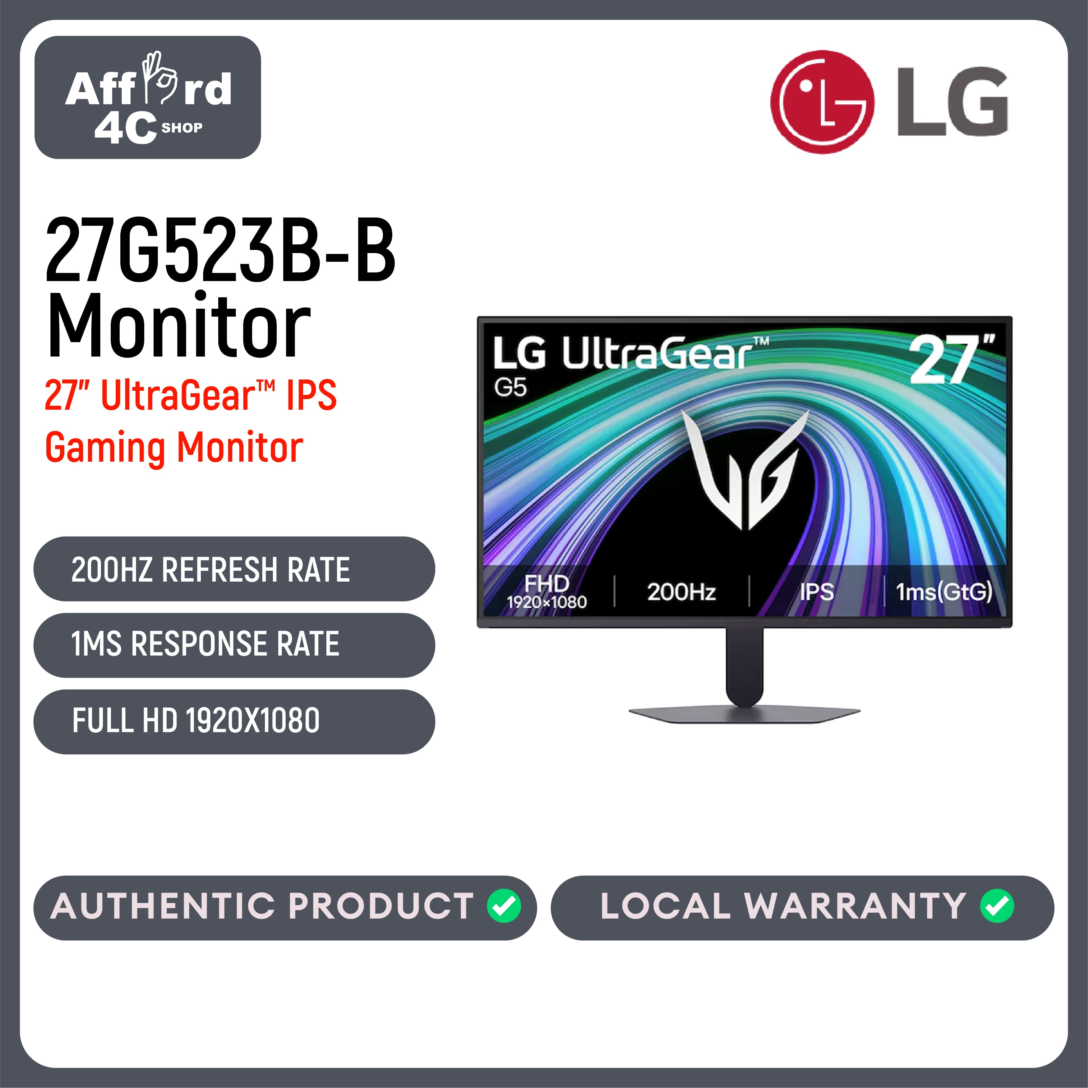 LG 27G523B-B 27-inch Ultragear Full HD (1920 x 1080) IPS Gaming Computer, 200Hz, 1ms, NVIDIA G-Sync