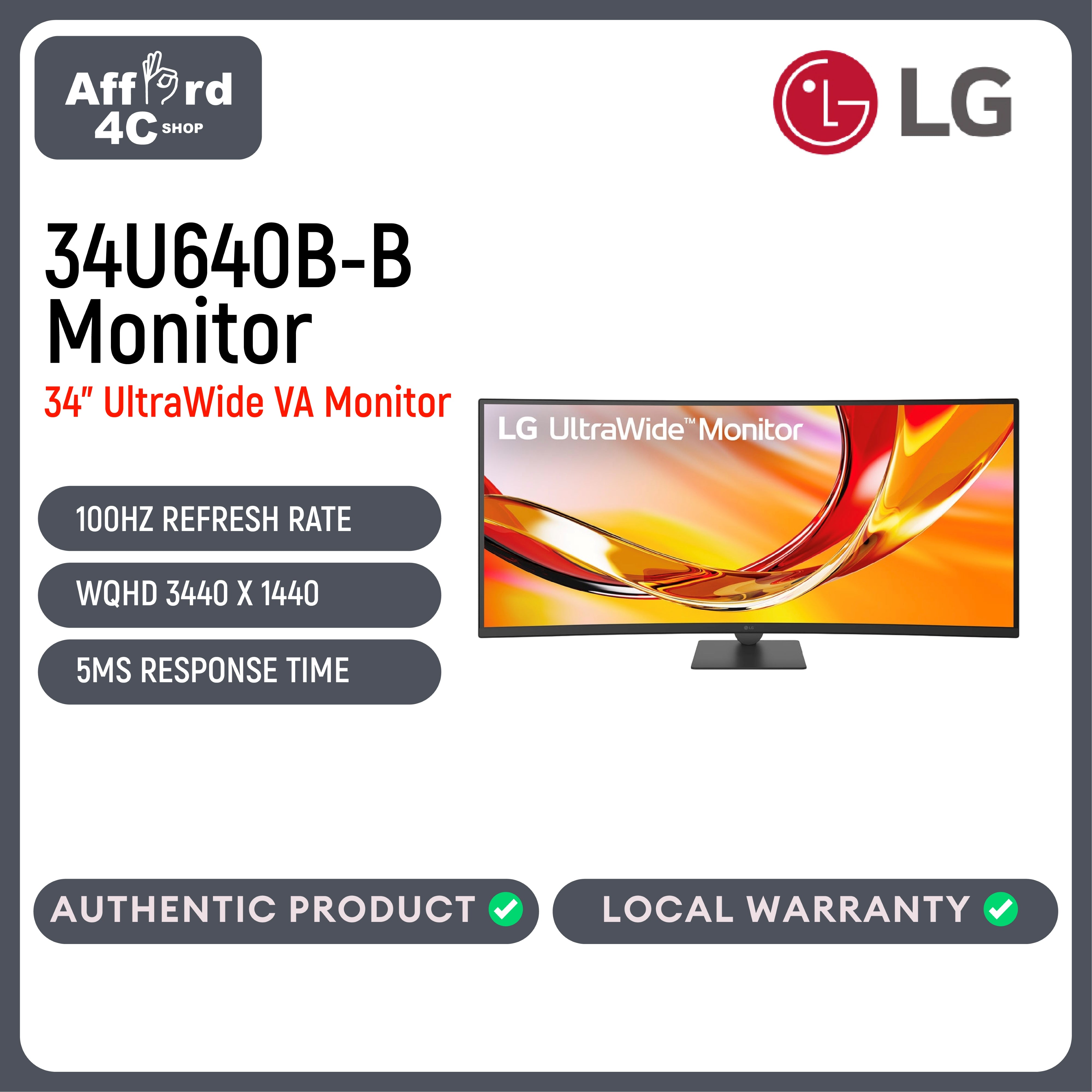 LG 34U640B-B 34" UltraWide Curved Monitor | 144Hz | WQHD 3440x1440 | FreeSync | USB-C | HDR10
