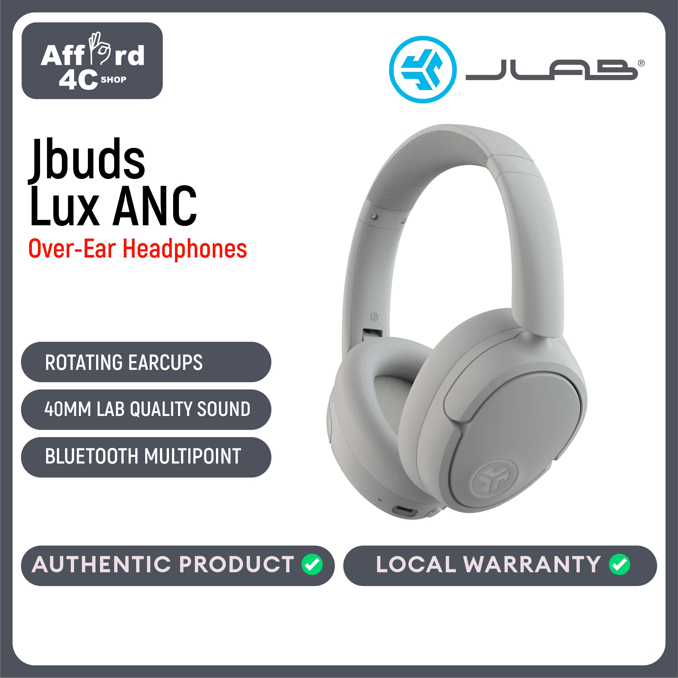 JLab JBuds Lux ANC Wireless Headphones Hybrid Active Noise Cancelling Customizable Sound Spatial Audio Compatible Premium Over-Ear Bluetooth Headset