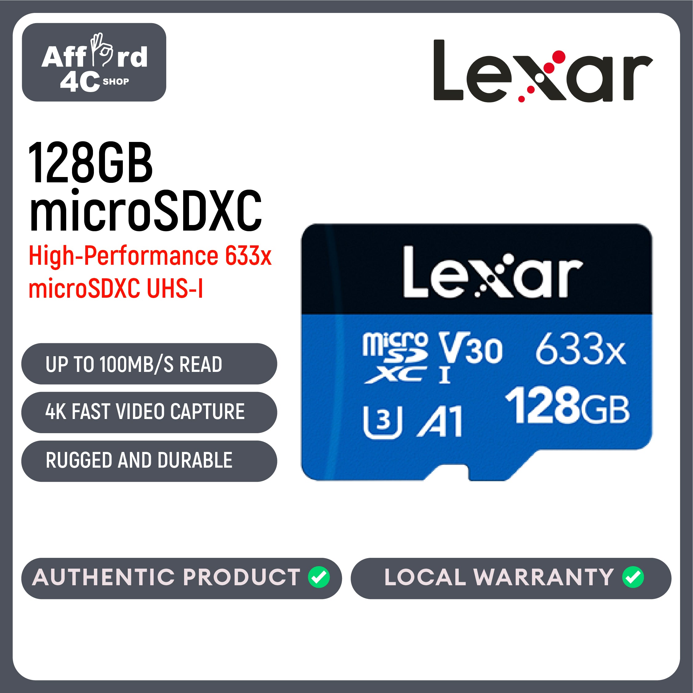 Lexar High-Performance 633x 128GB microSDXC™ UHS-I Cards BLUE - up to 100MB/s read, up to 45MB/s write, Class 10, U3, V30, A1 (w/ SD Adapter)