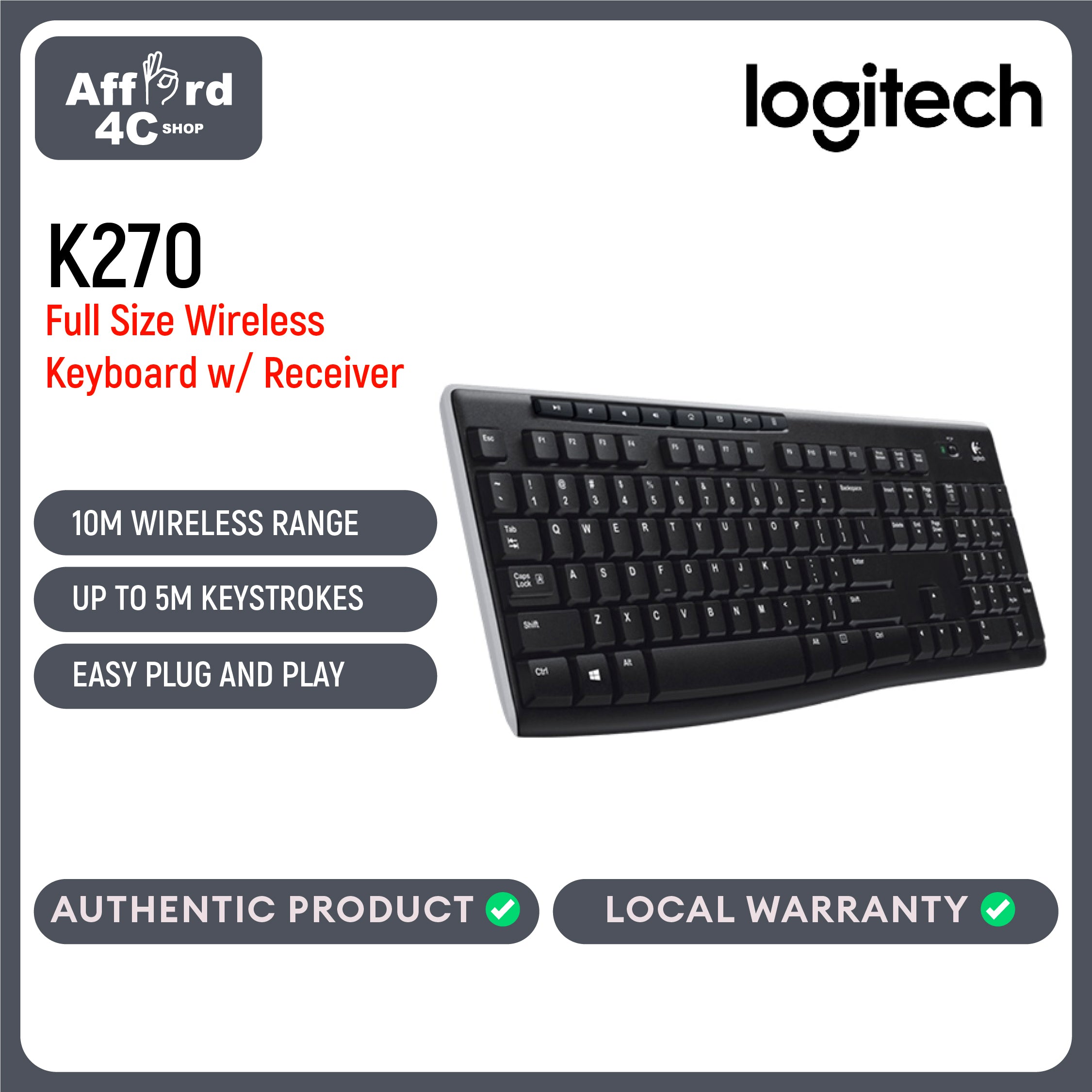 Logitech K270 Wireless Keyboard 2.4GHz USB Receiver Full Size Keyboard for PC Laptop