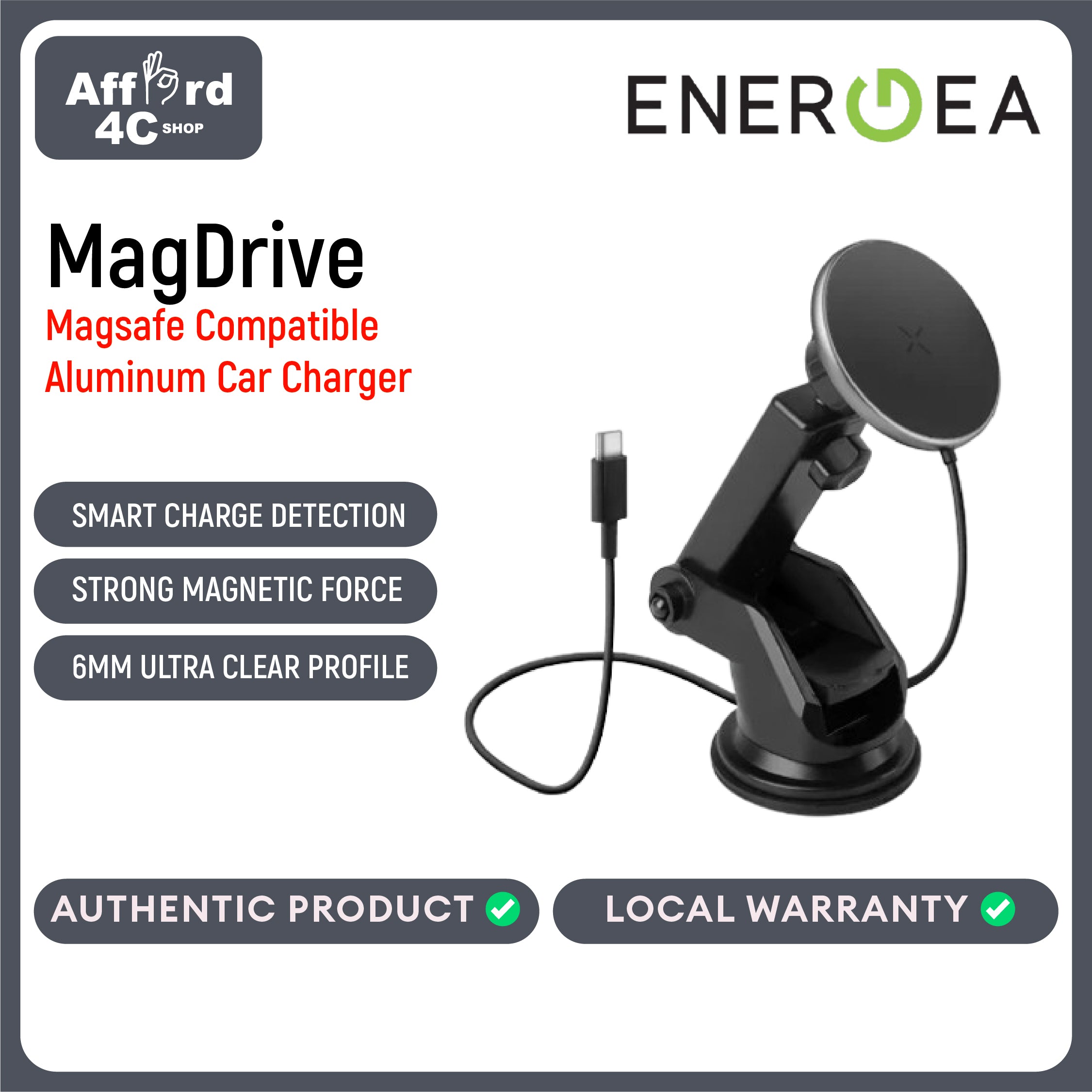 Energea Magdrive Magsafe Compatible Aluminum Car Charger (Desktop/Airvent)