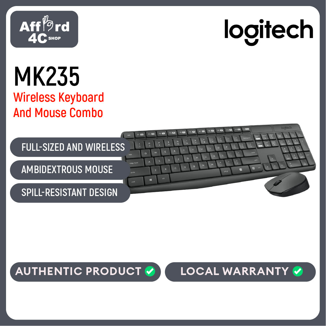 Logitech MK235 Wireless Keyboard and Mouse Combo for Windows, 2.4 GHz Wireless, 15 FN Keys, Long Battery Life, Compatible with PC, Laptop - Black