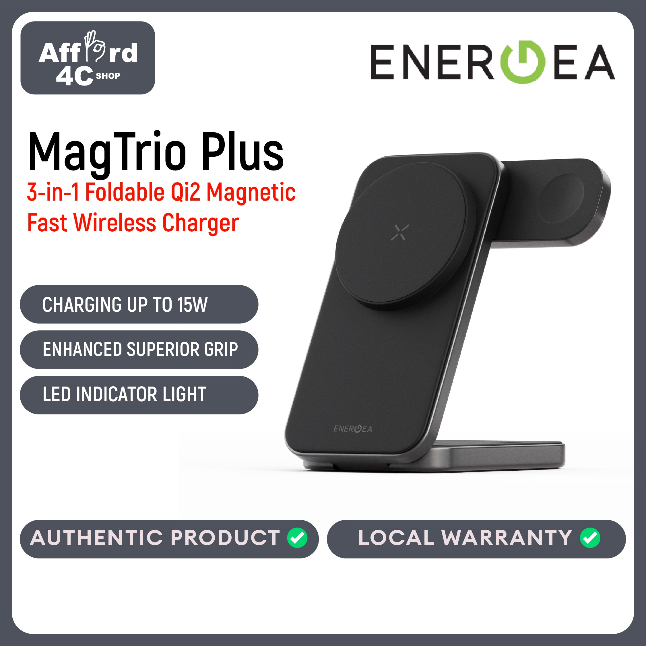 Energea MagTrio Plus, 3in1 Foldable QI2 Magnetic Fast Wireless Charger
