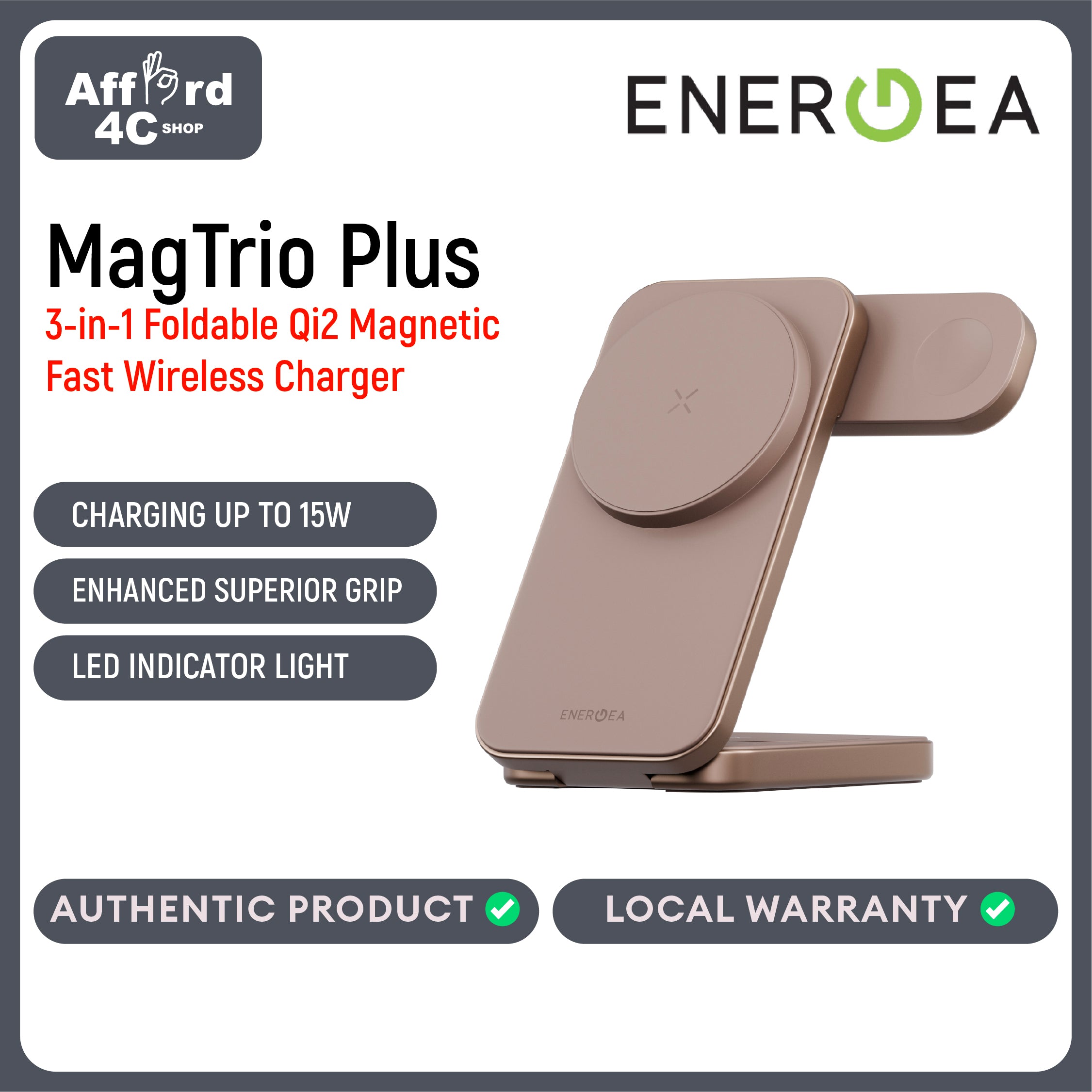 Energea MagTrio Plus, 3in1 Foldable QI2 Magnetic Fast Wireless Charger