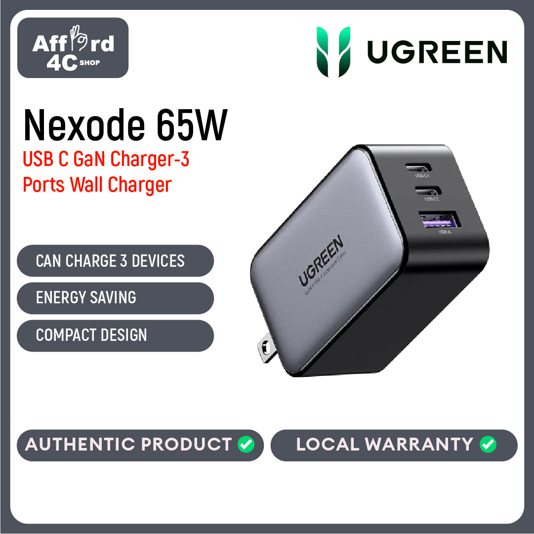 Ugreen Nexode 65W USB C Wall Charger - 3 Ports GaN Charger PD Fast Charger Power Adapter