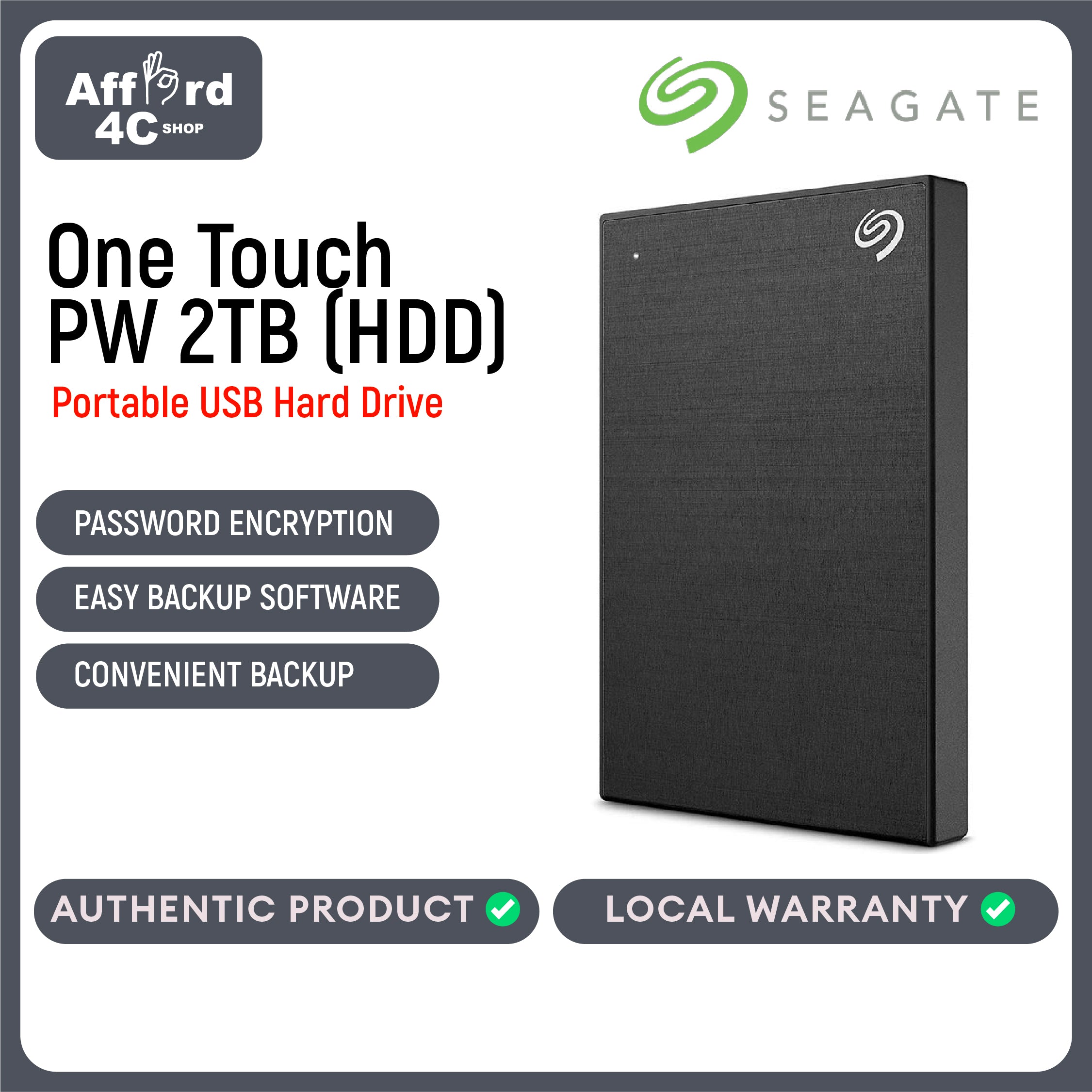 Seagate One Touch PW (HDD) 2TB Black - Blue - Red - Silver - Space Grey - Rose Gold