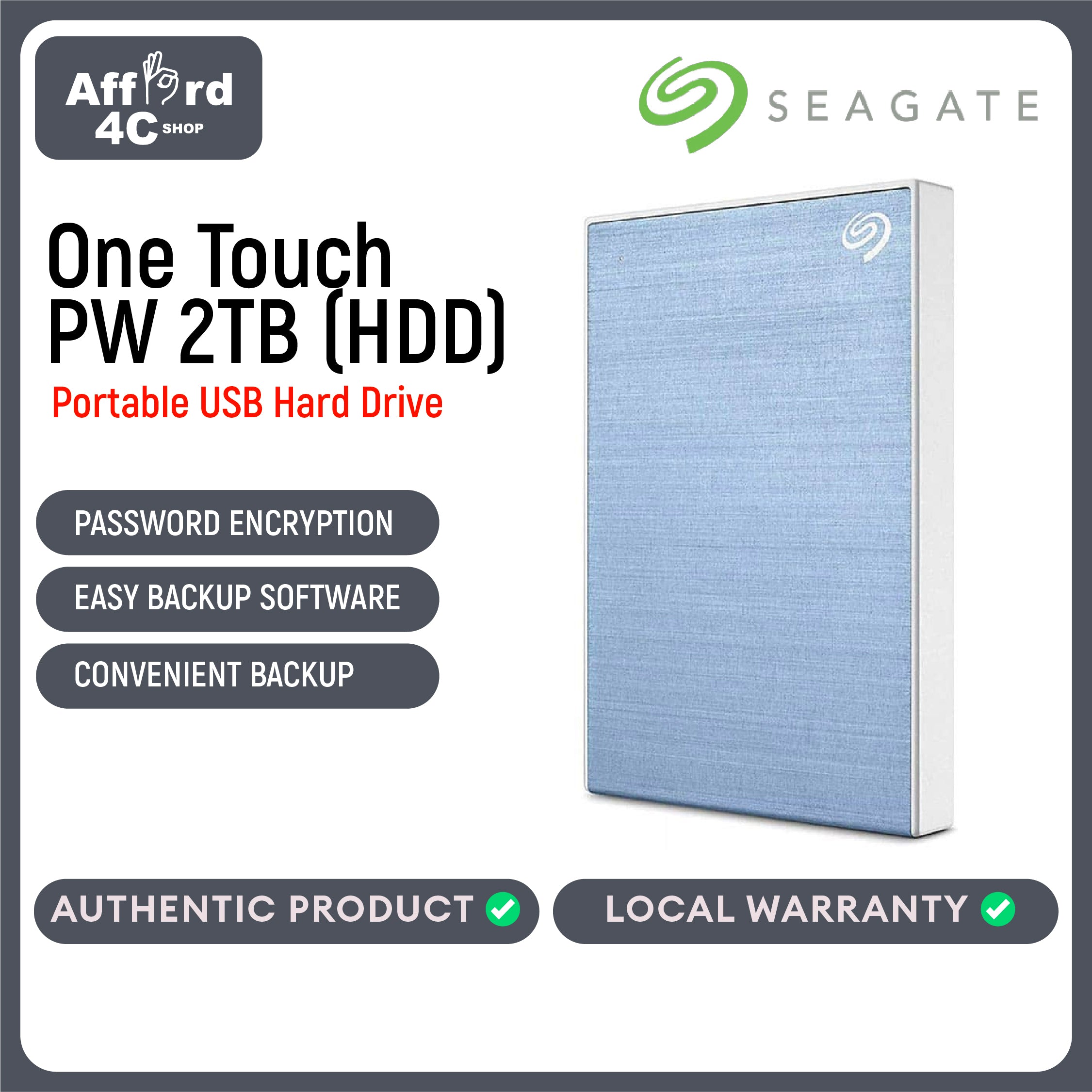 Seagate One Touch PW (HDD) 2TB Black - Blue - Red - Silver - Space Grey - Rose Gold