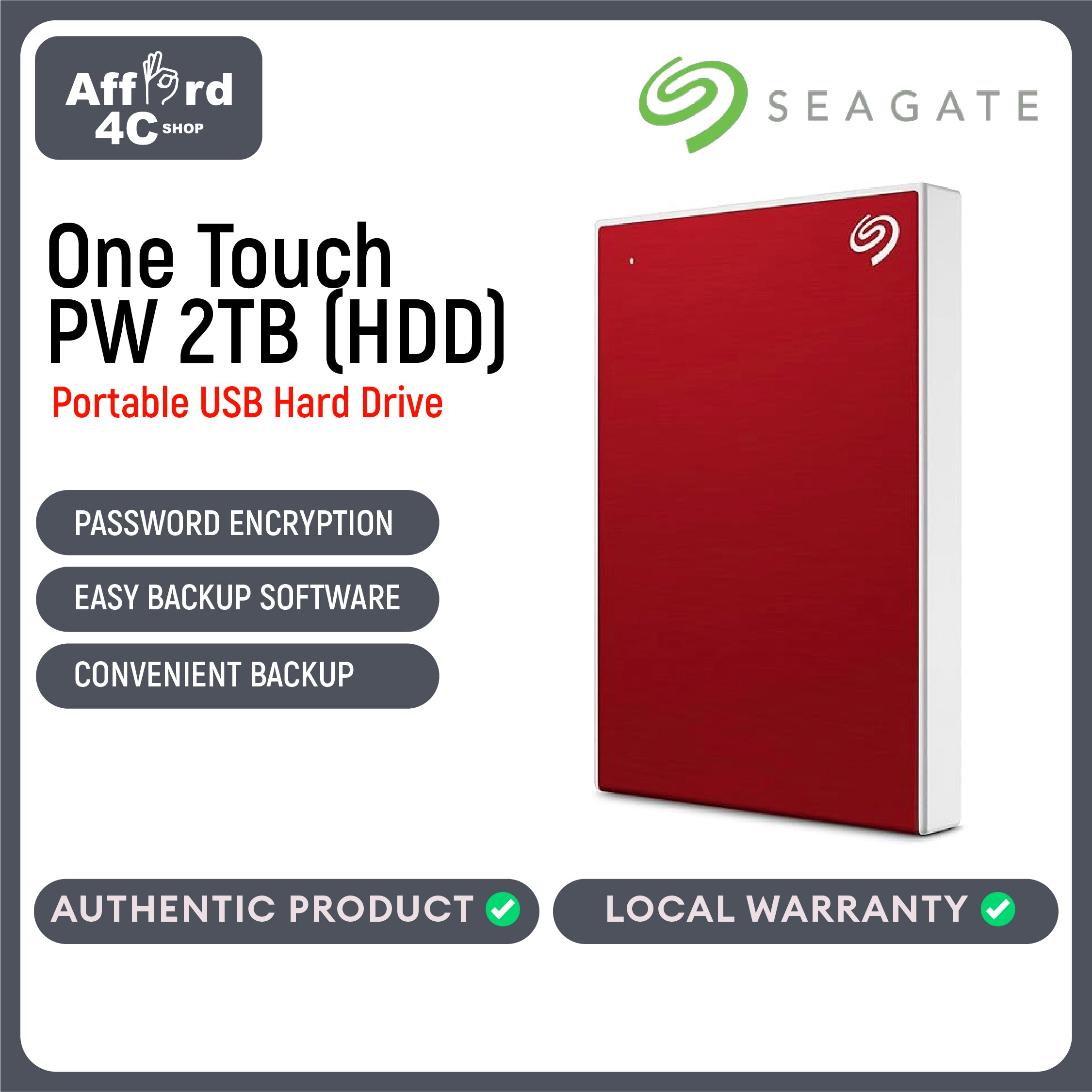 Seagate One Touch PW (HDD) 2TB Black - Blue - Red - Silver - Space Grey - Rose Gold