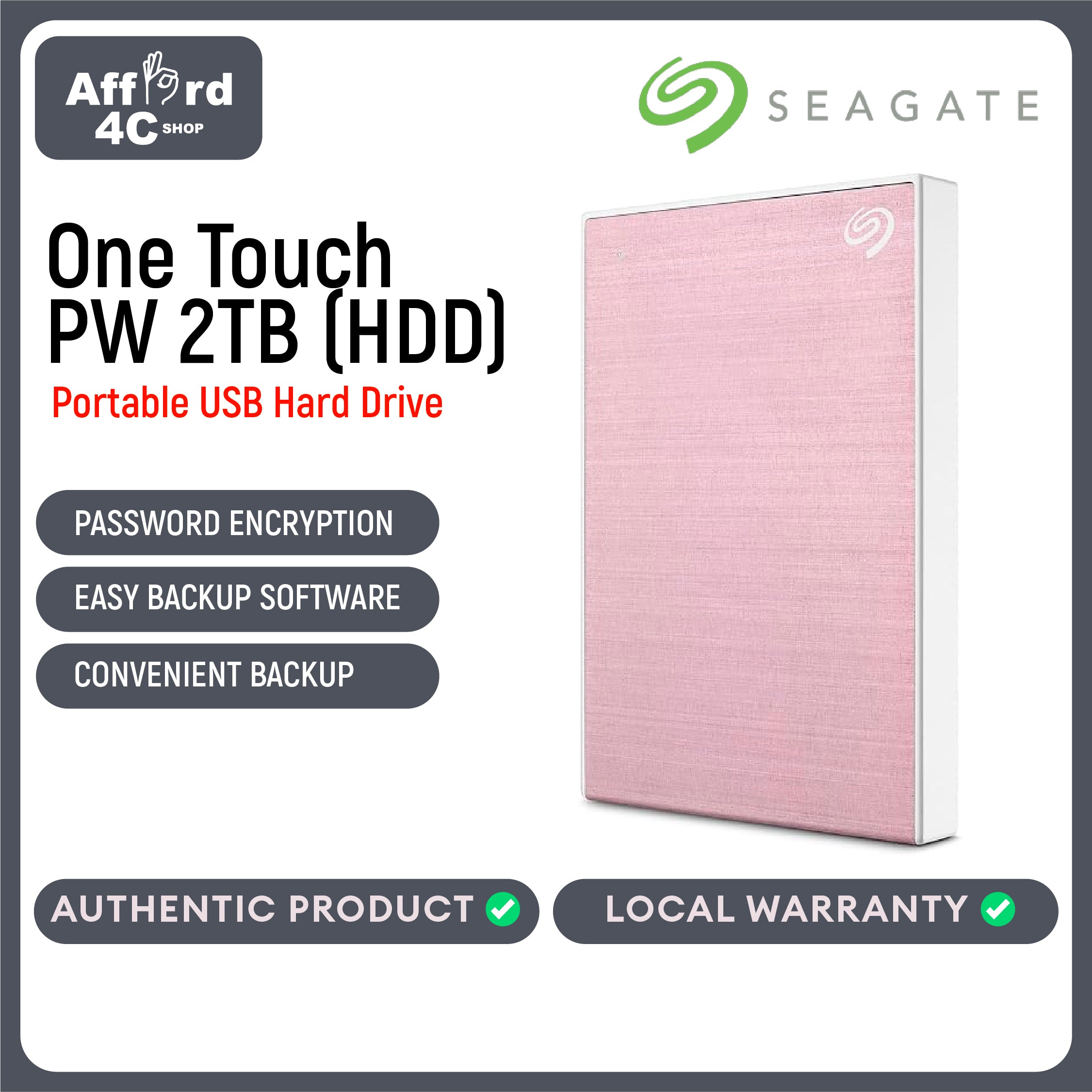 Seagate One Touch PW (HDD) 2TB Black - Blue - Red - Silver - Space Grey - Rose Gold