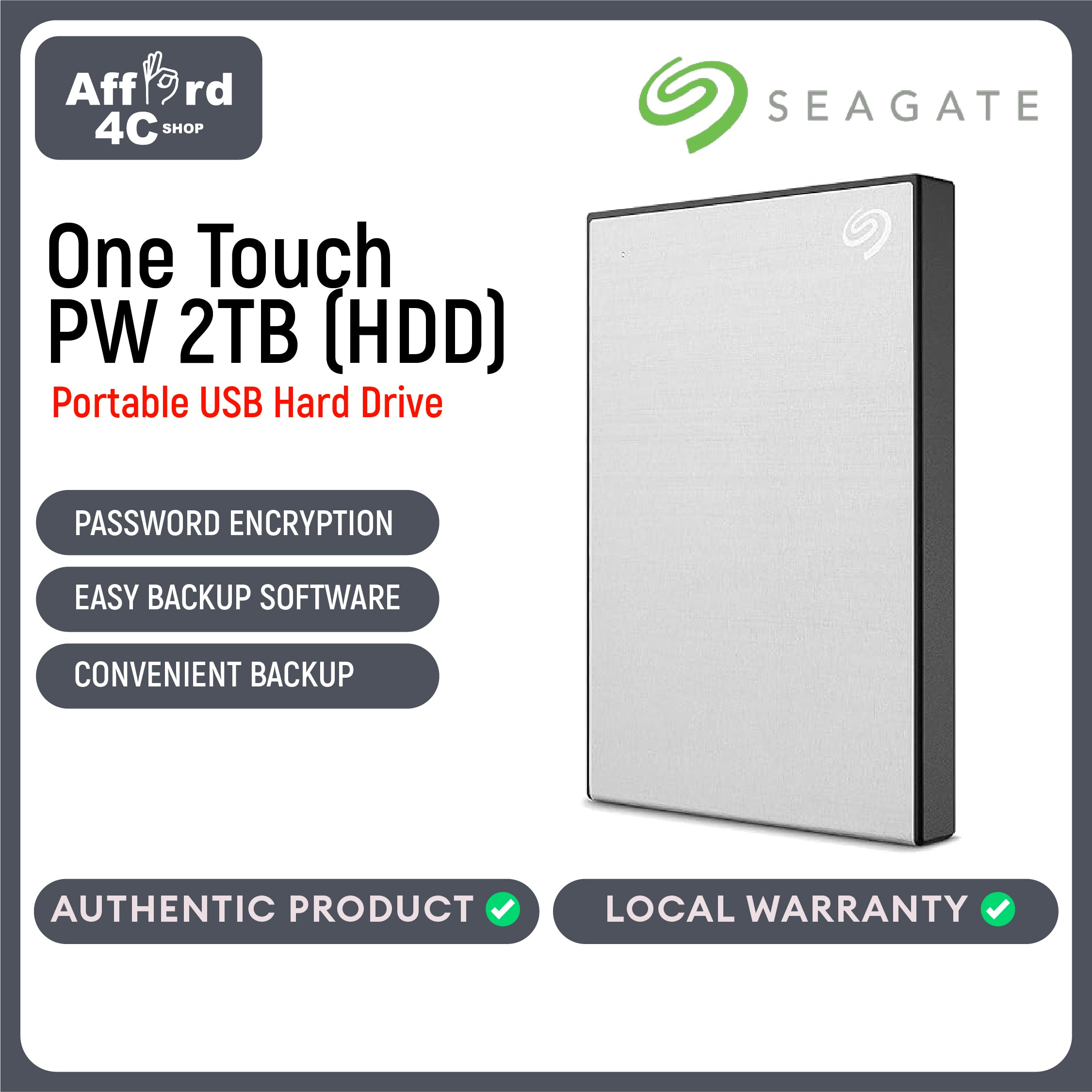 Seagate One Touch PW (HDD) 2TB Black - Blue - Red - Silver - Space Grey - Rose Gold