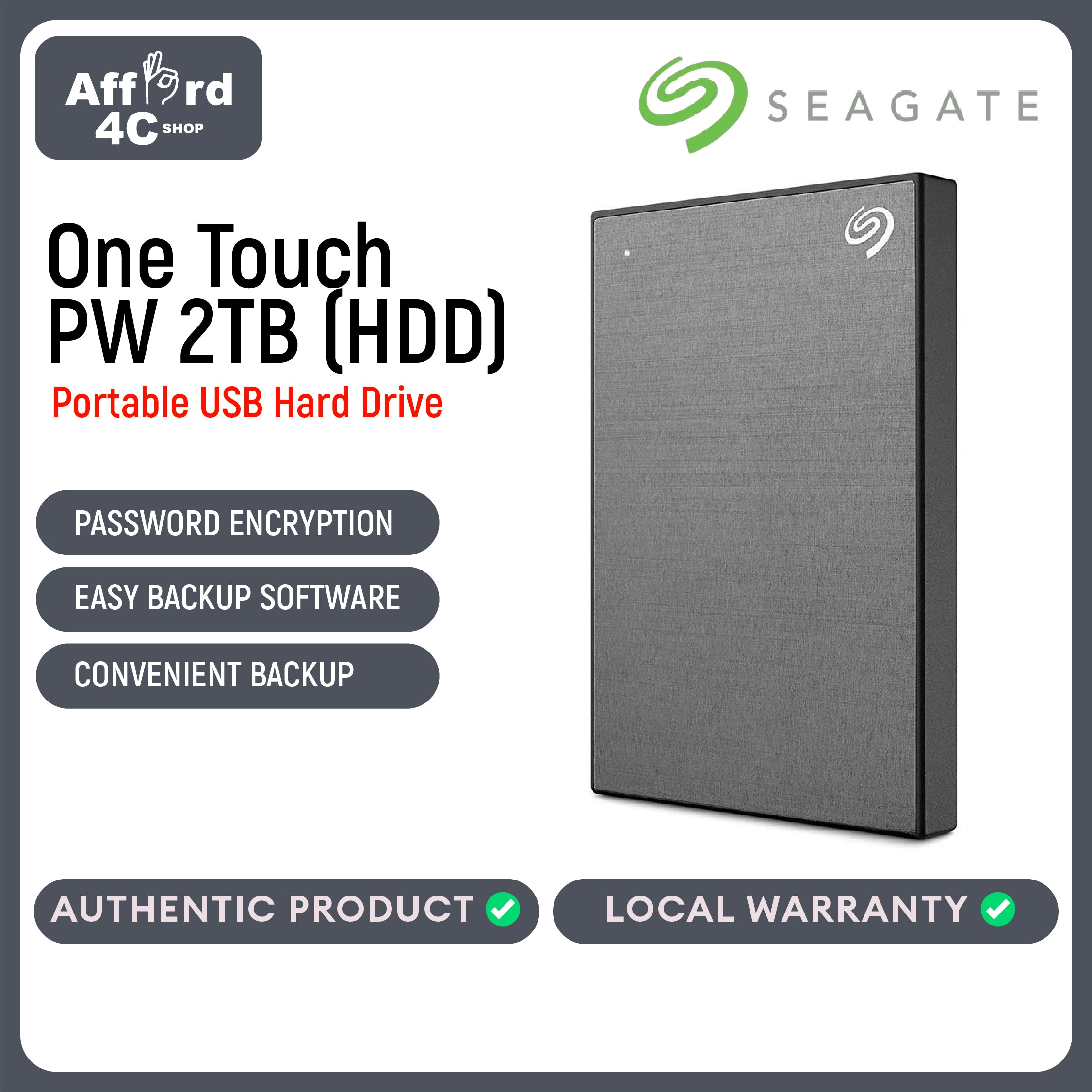 Seagate One Touch PW (HDD) 2TB Black - Blue - Red - Silver - Space Grey - Rose Gold