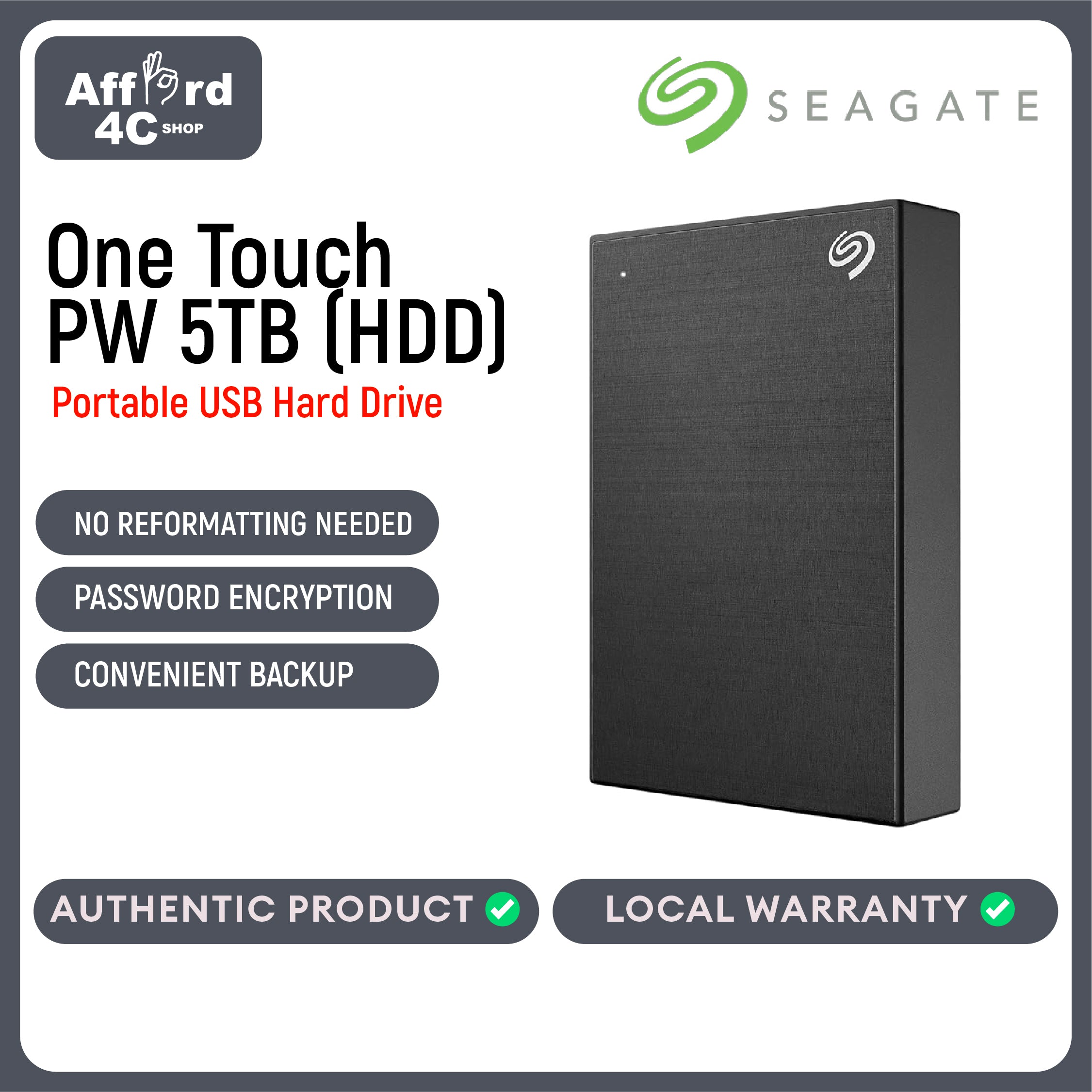 Seagate One Touch PW (HDD) 5TB Black - Silver - Blue - Red - Space Grey