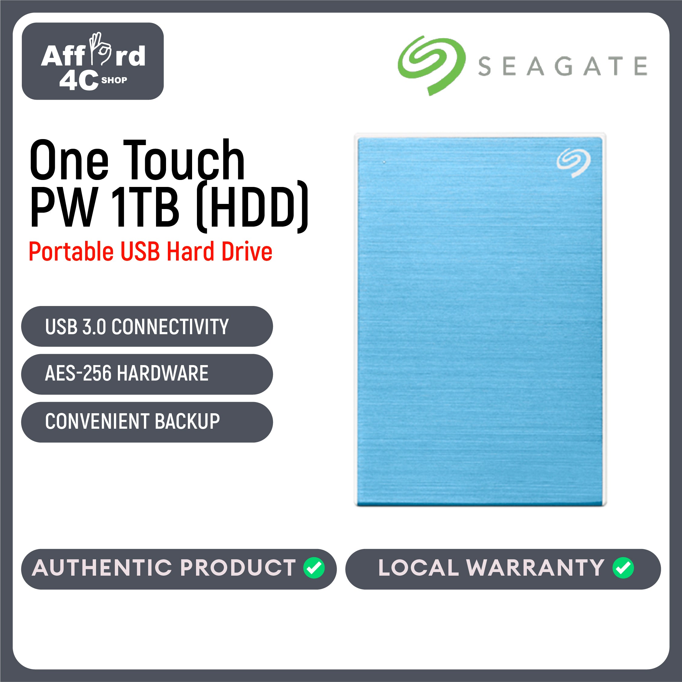 Seagate One Touch PW (HDD) 1TB Black - Silver - Blue - Red - Space Grey