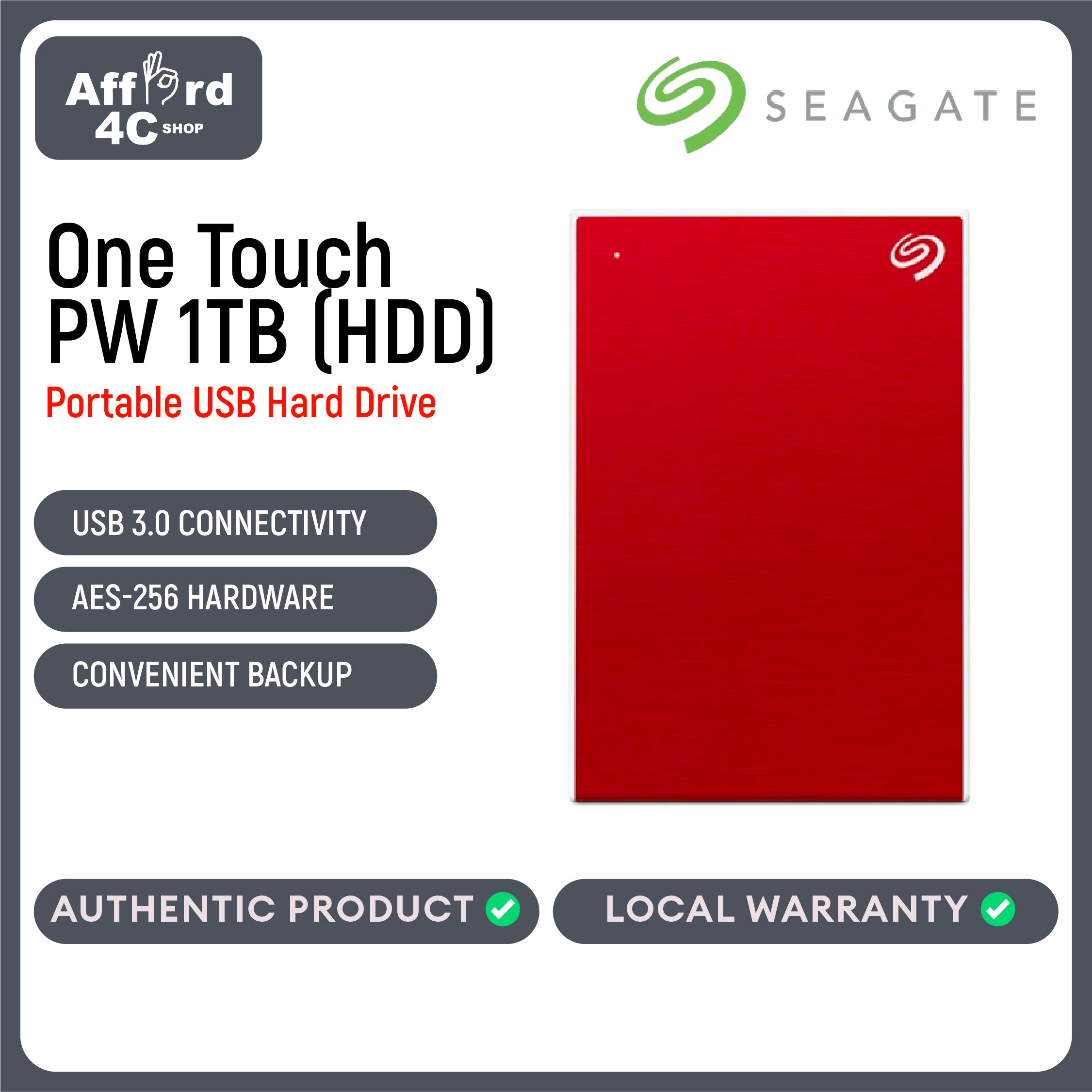 Seagate One Touch PW (HDD) 1TB Black - Silver - Blue - Red - Space Grey