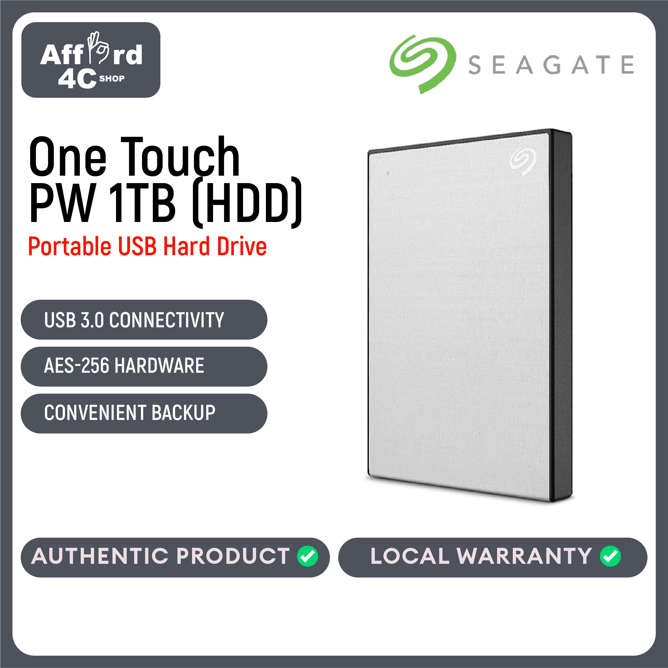 Seagate One Touch PW (HDD) 1TB Black - Silver - Blue - Red - Space Grey