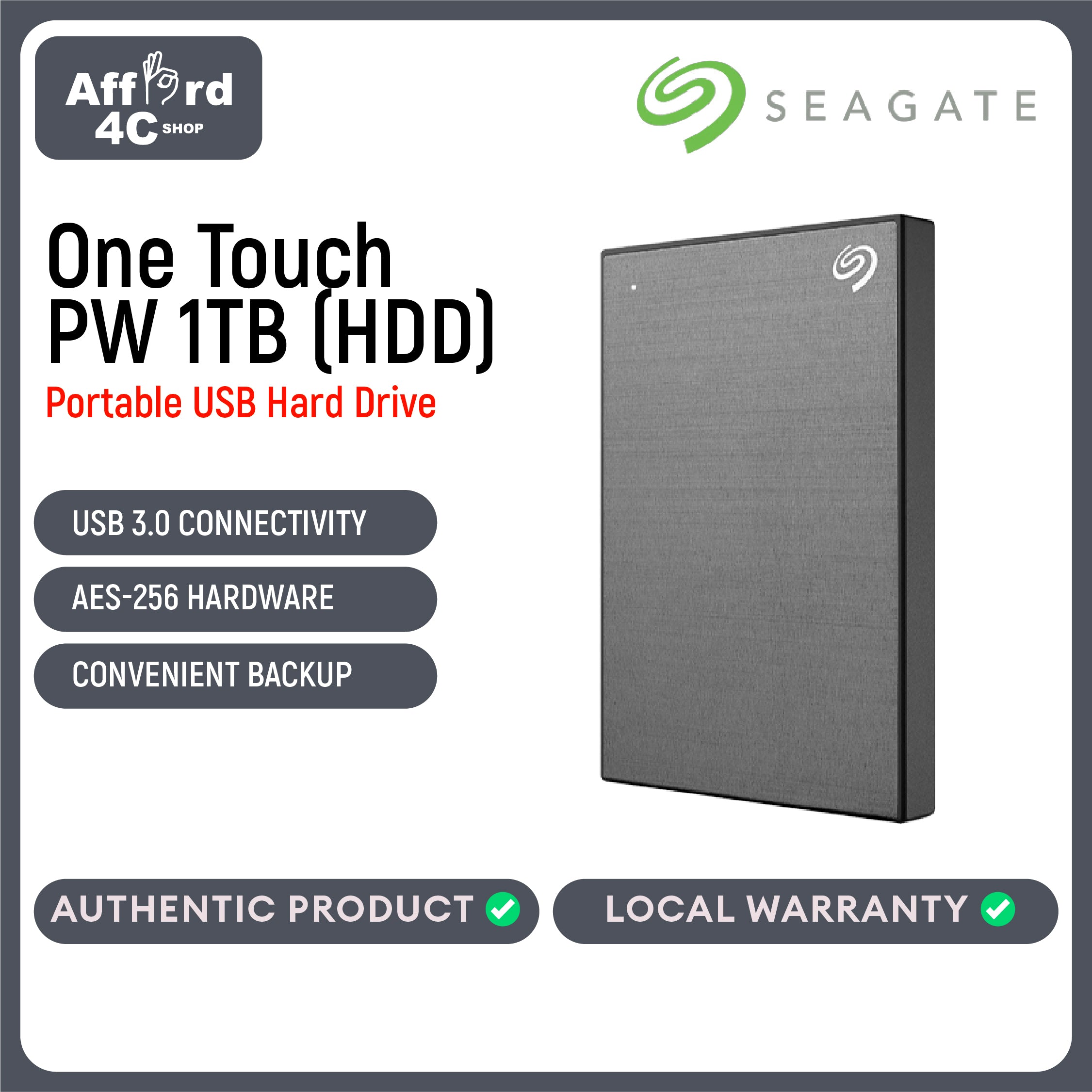 Seagate One Touch PW (HDD) 1TB Black - Silver - Blue - Red - Space Grey