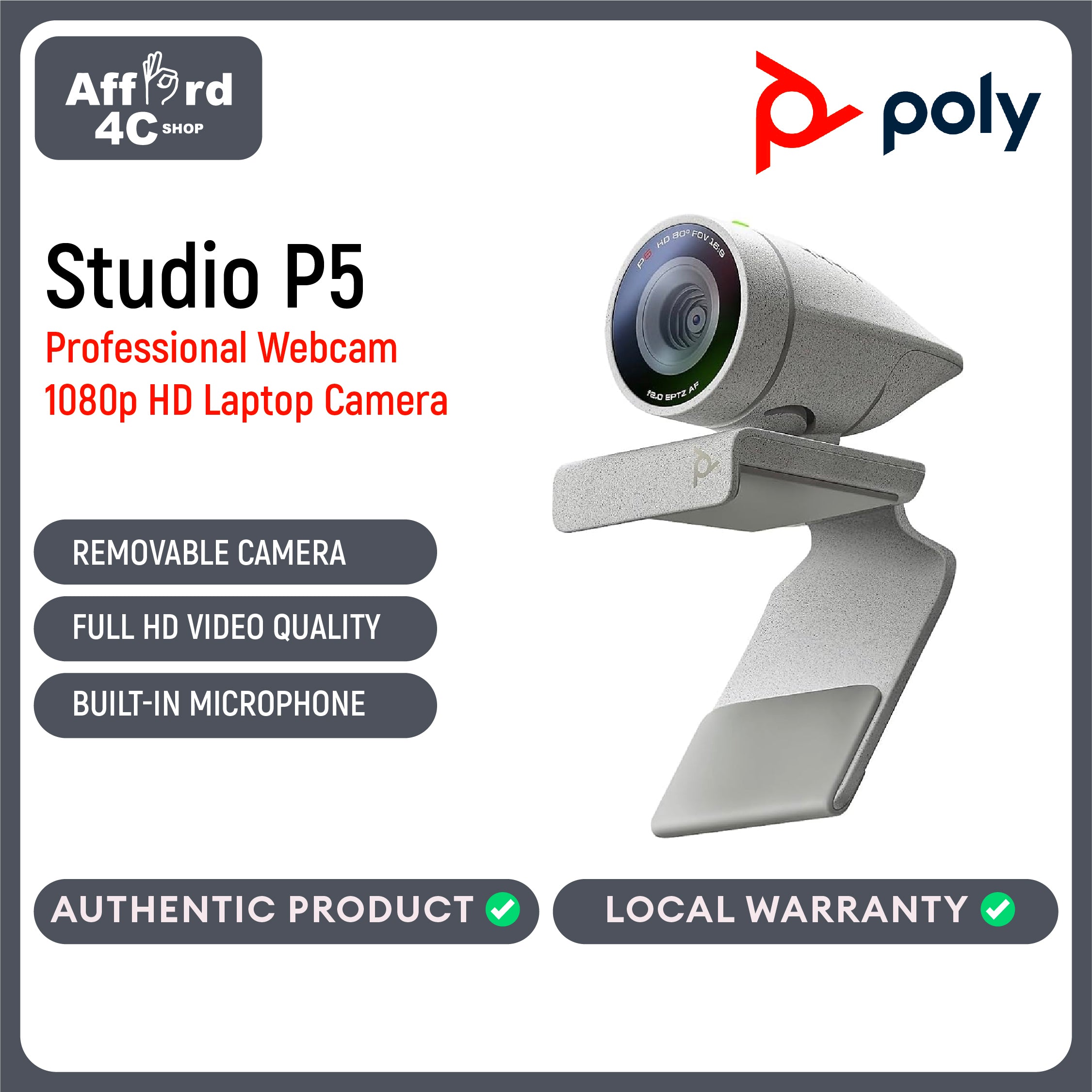 Poly Studio P5 Professional Webcam 1080p HD Laptop Camera for Video Conference & Distance Learning - Monitor & Tripod Mount - Privacy Shutter-Works w/Teams (Certified), Zoom(Certified)