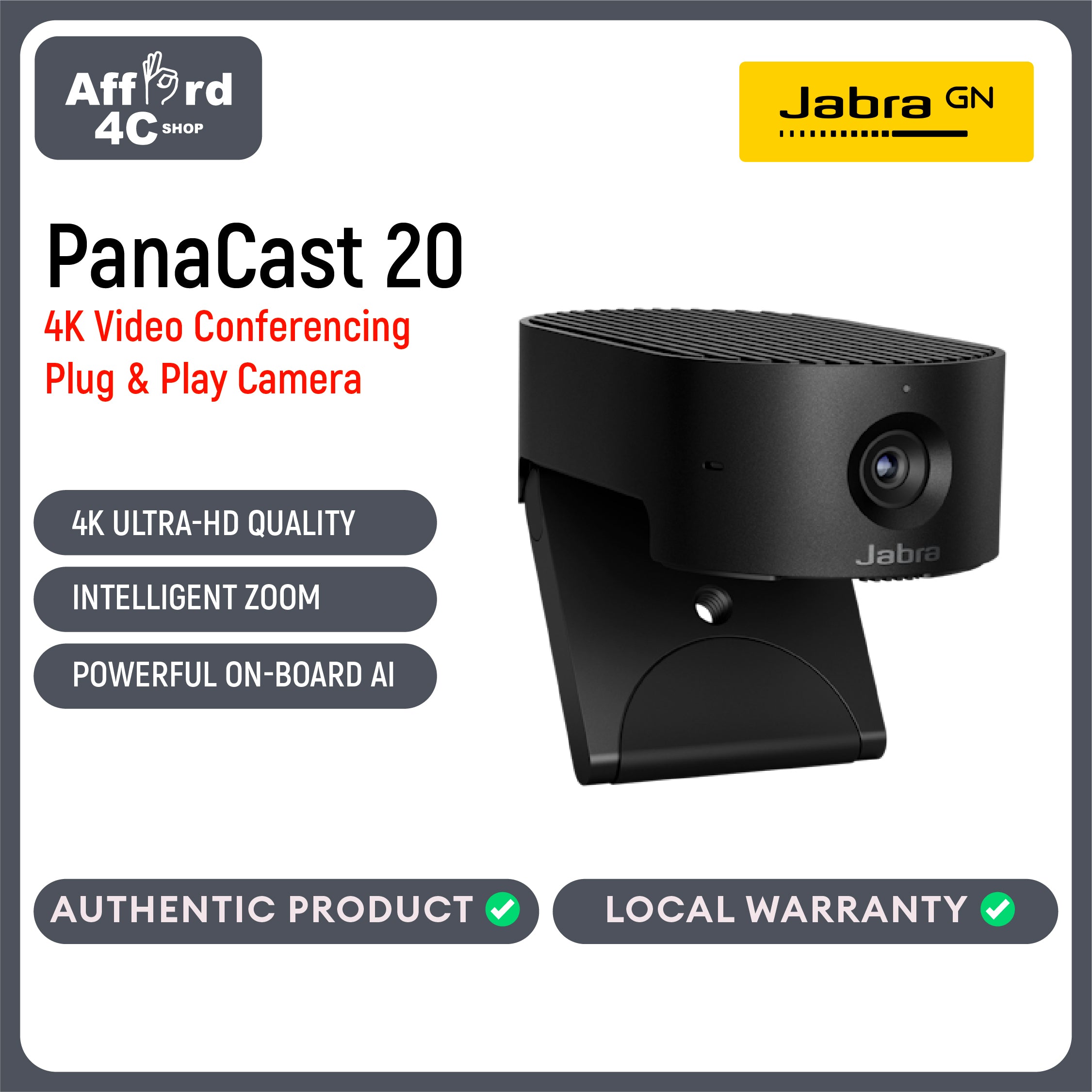 Jabra PanaCast 20 4K Video Conferencing Camera - Flexible Plug & Play Personal Video Solution Webcam with AI-Powered 4K Ultra-HD, Intelligent Zoom, and Lighting Optimization - Black