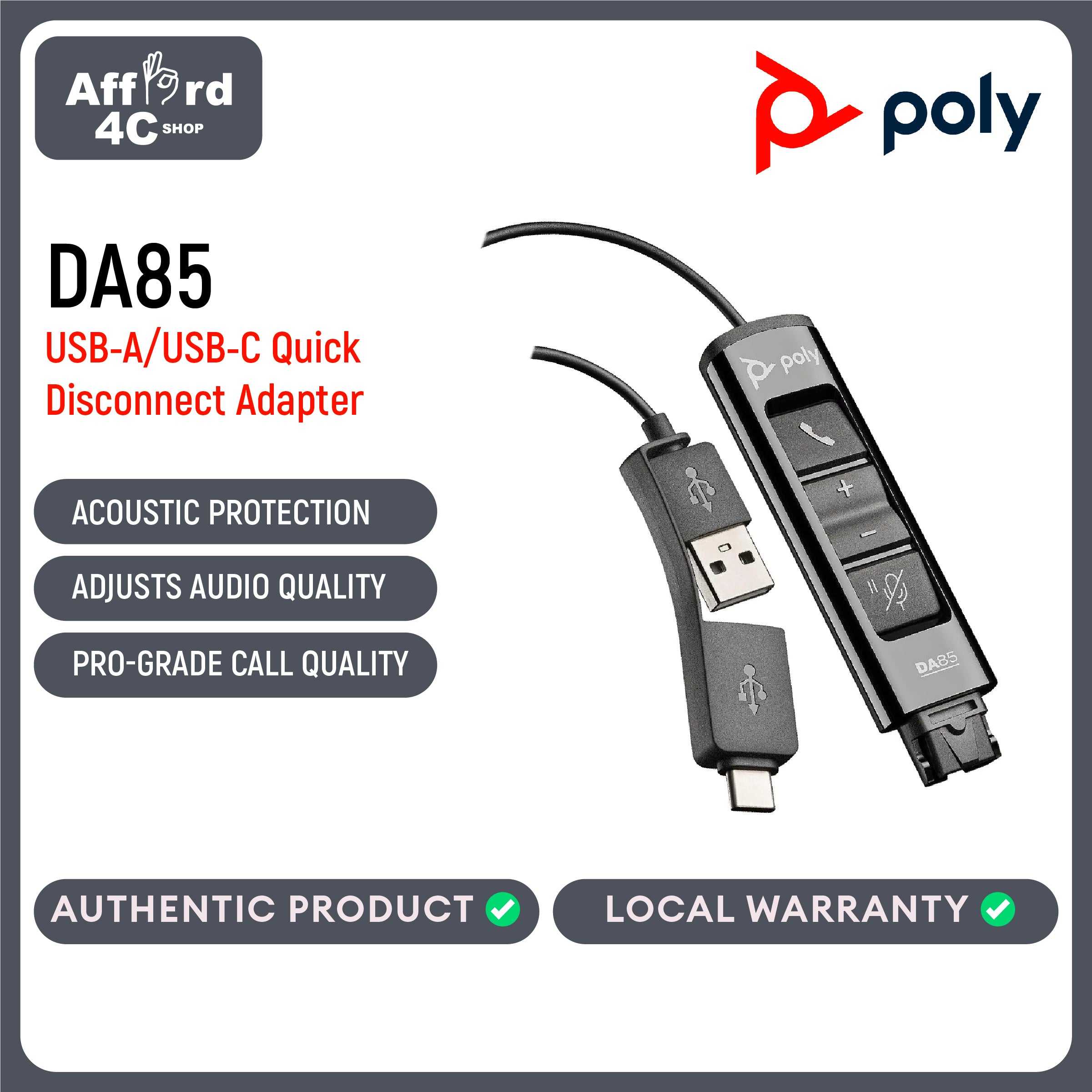 Poly Plantronics DA85 USB-A/USB-C Quick Disconnect (QD) digital adapter (Plantronics)