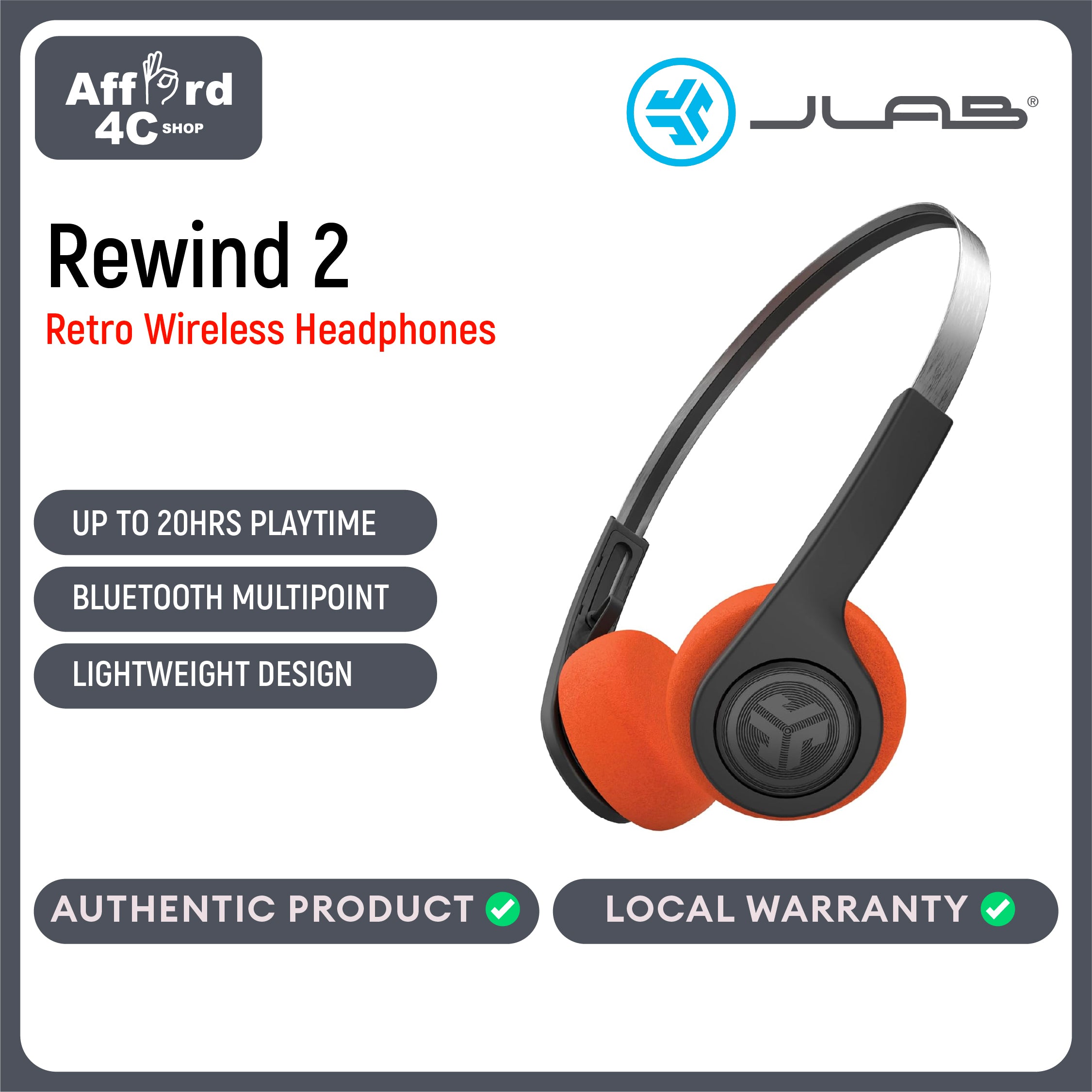 JLab Rewind 2 Wireless Retro Headphones 20+ Hours Playtime, App Support Bluetooth Multipoint + Wireless Sharing, Custom EQ3 Sound Music Controls Throwback 80s 90s Design