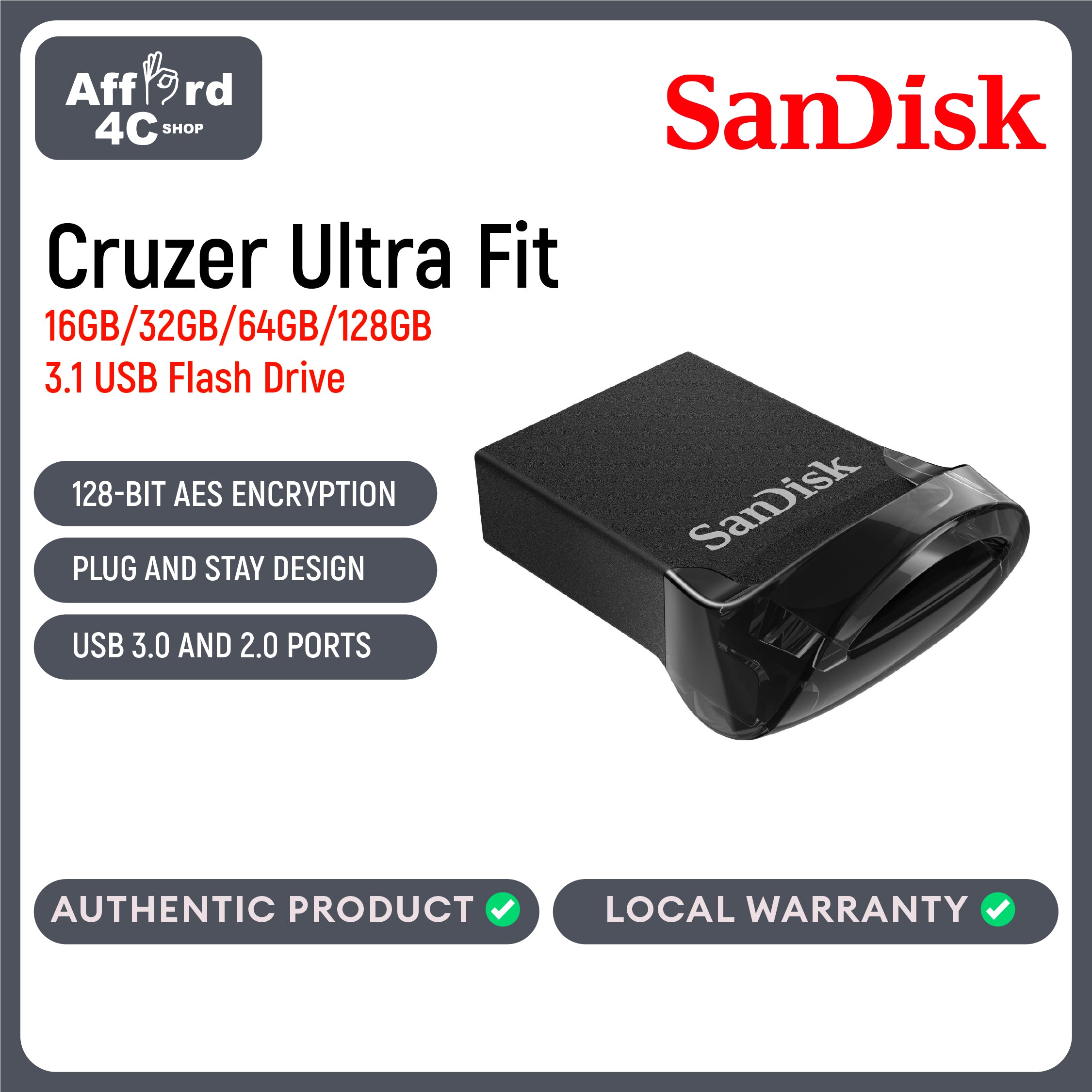 SANDISK CRUZER ULTRA FIT 3.1 16GB / 32GB / 64GB / 128GB SDCZ430 - G46 USB FLASHDRIVE