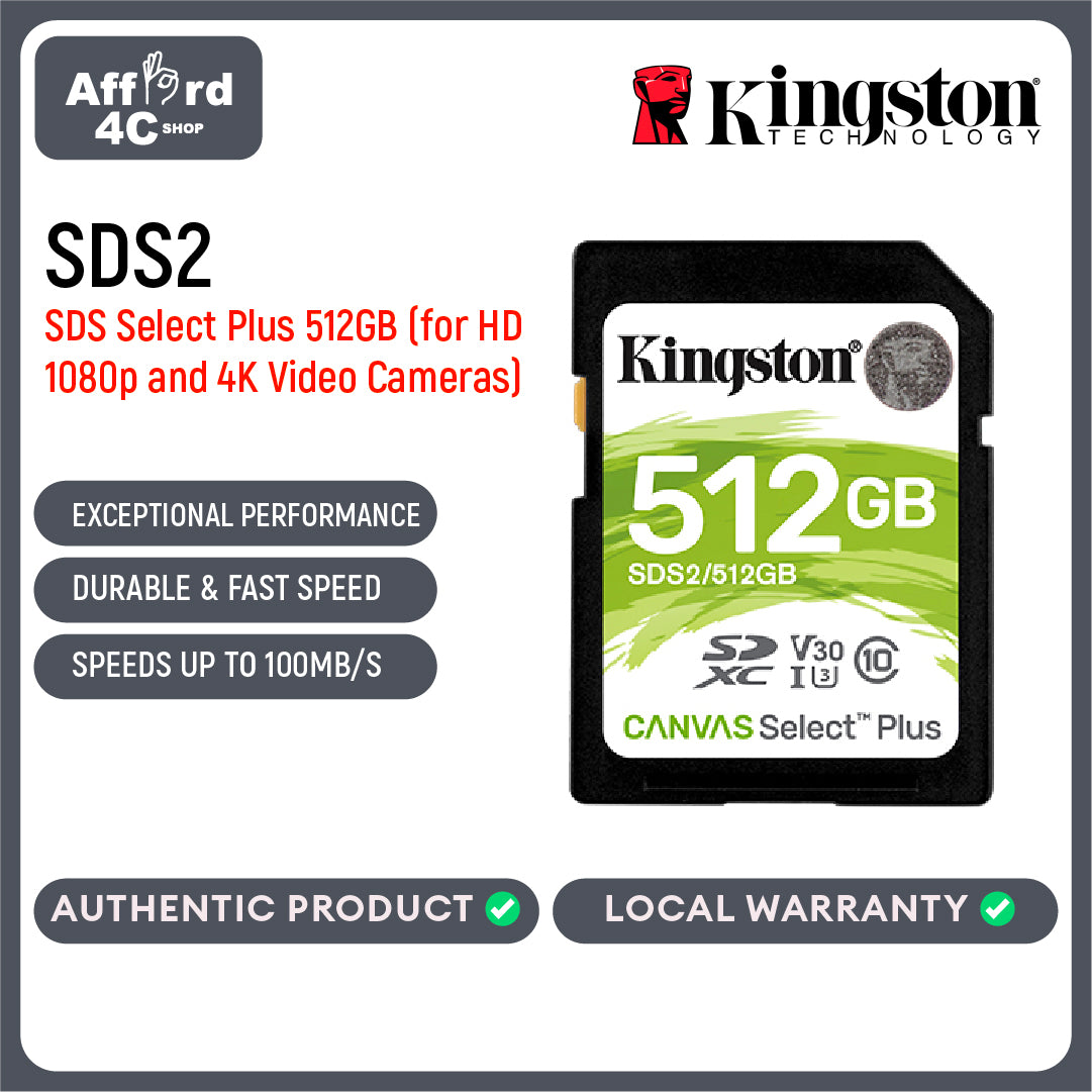 Kingston Canvas Select Plus SD Card 256GB/512GB MicroSDHC MicroSDXC for HD 1080p and 4K Video Cameras