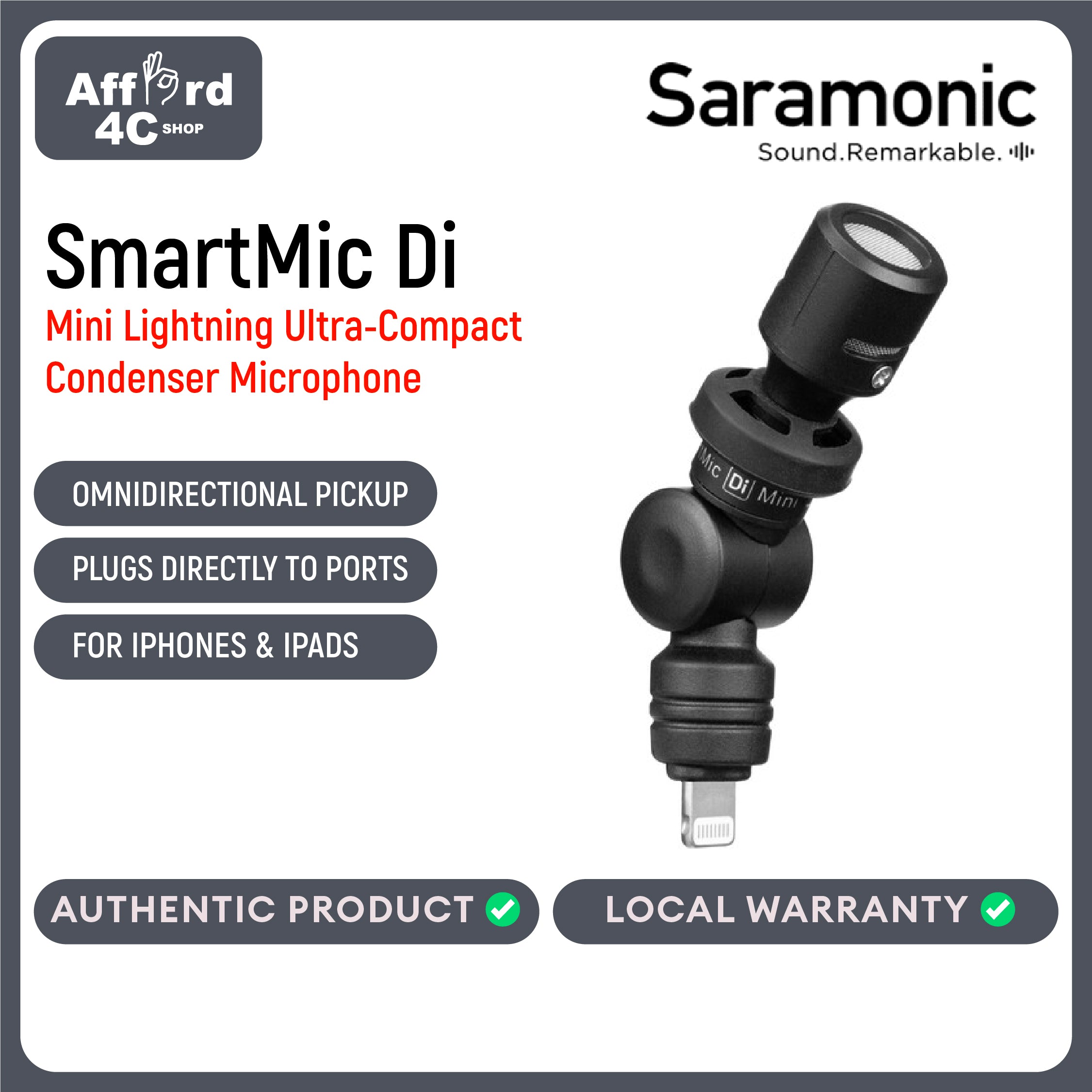 SmartMic Di Mini Ultra-Compact Omnidirectional Condenser Microphone w/ Lightning for iPhones & iPads