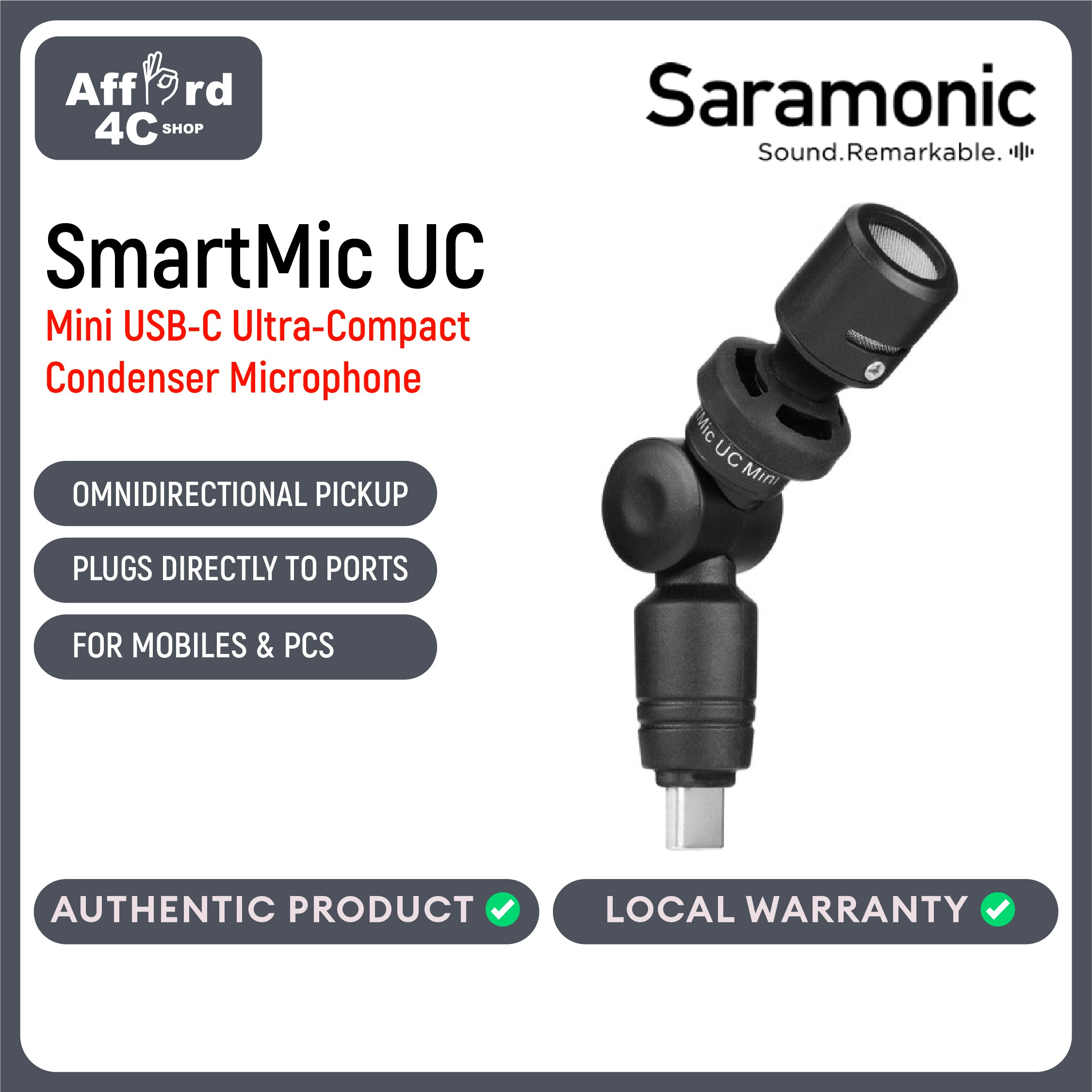 Saramonic SmartMic UC Mini Ultra-Compact Omnidirectional Condenser Mic w/ USB-C for Mobile Devices & Computers