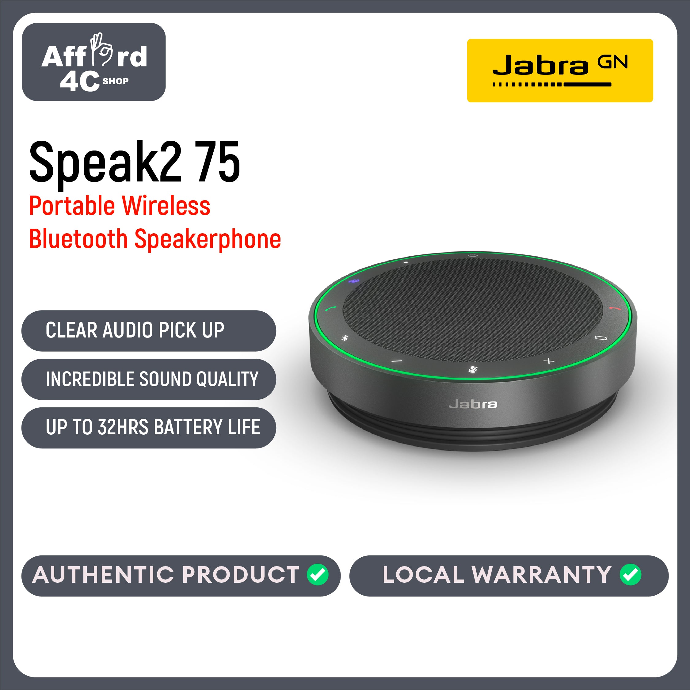 Jabra Speak2 75 Wireless Bluetooth Speakerphone - Portable Speaker with 4 Noise-Cancelling Mics, 65mm Full-Range Speakers & Super-Wideband Audio - Certified Microsoft Teams Speaker