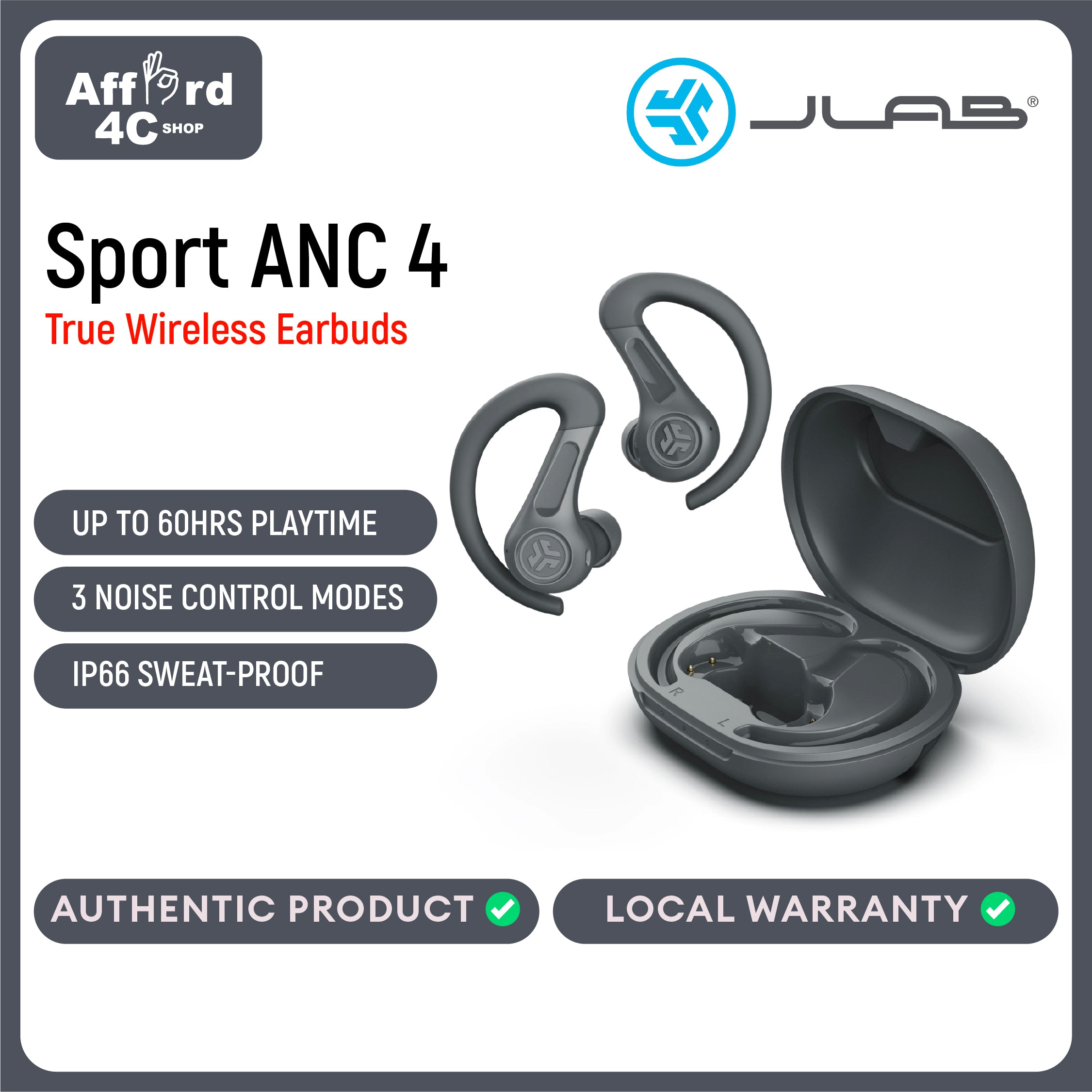 JLab JBuds Sport ANC 4 True Wireless Bluetooth Earbuds + Charging Case Swipe + Touch Controls Hybrid Active Noise Cancelation Multipoint Connect Customized Settings App
