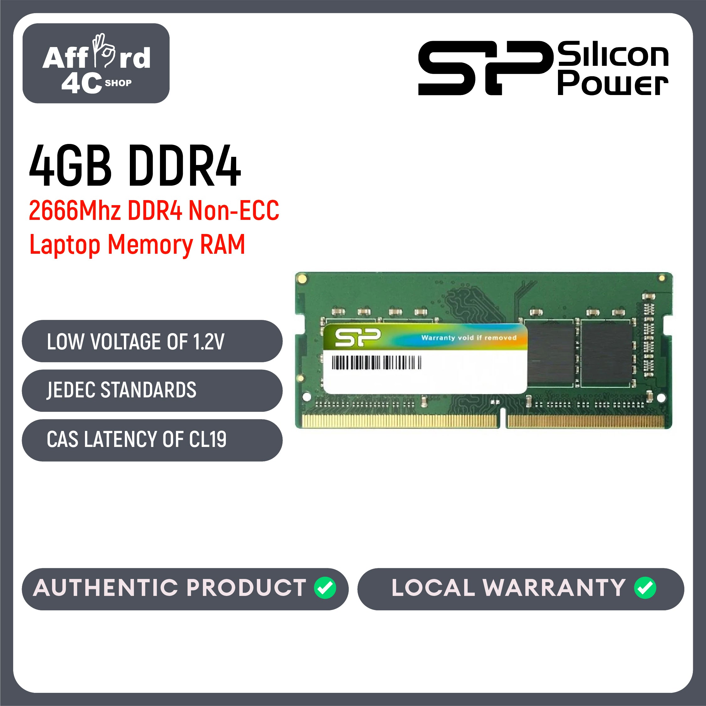 Silicon Power 4GB 2666Mhz DDR4 Non-ECC CL19 SODIMM Laptop Memory RAM