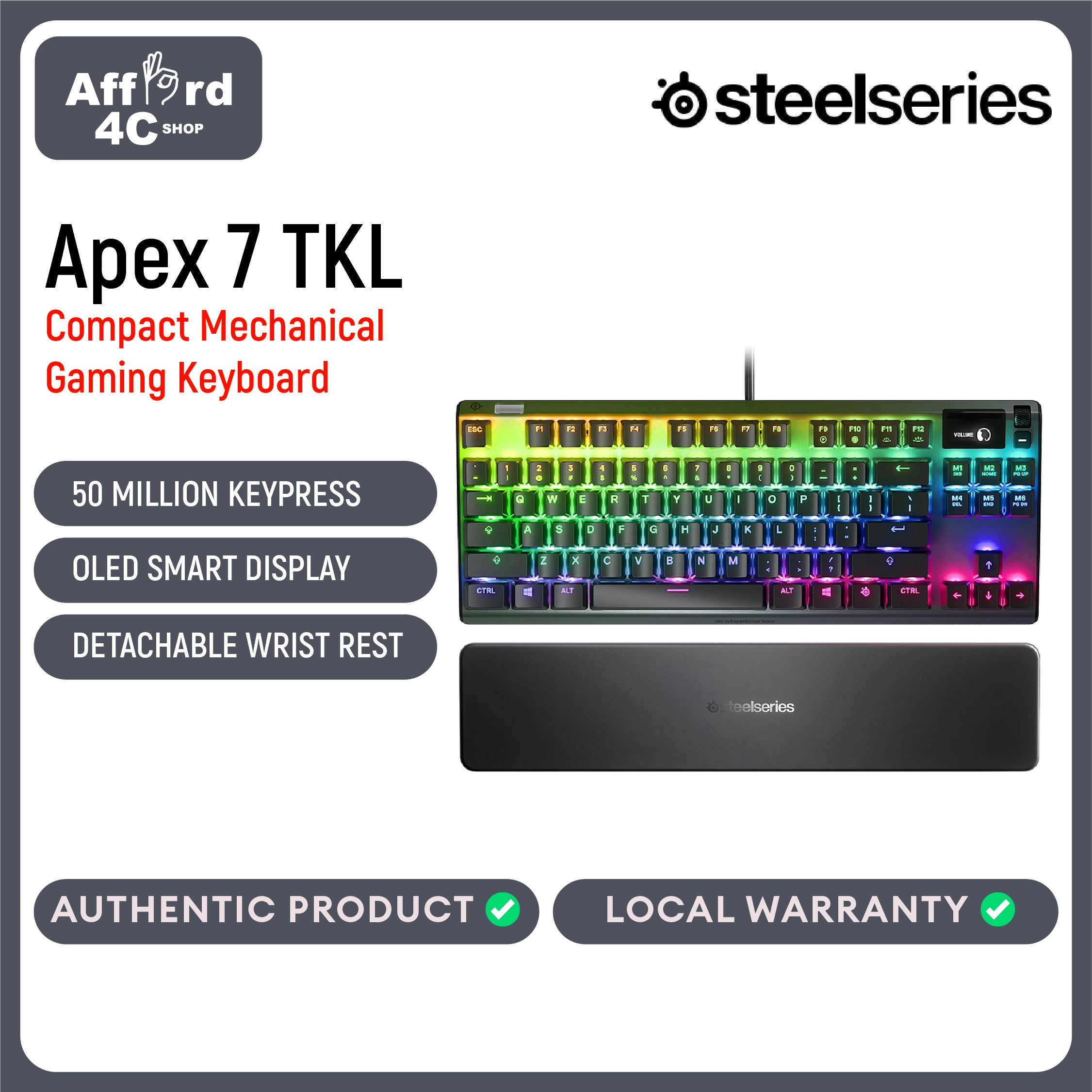 SteelSeries Apex 7 TKL Compact Mechanical Gaming Keyboard-Red Linear-OLED-RGB Backlit (64646)