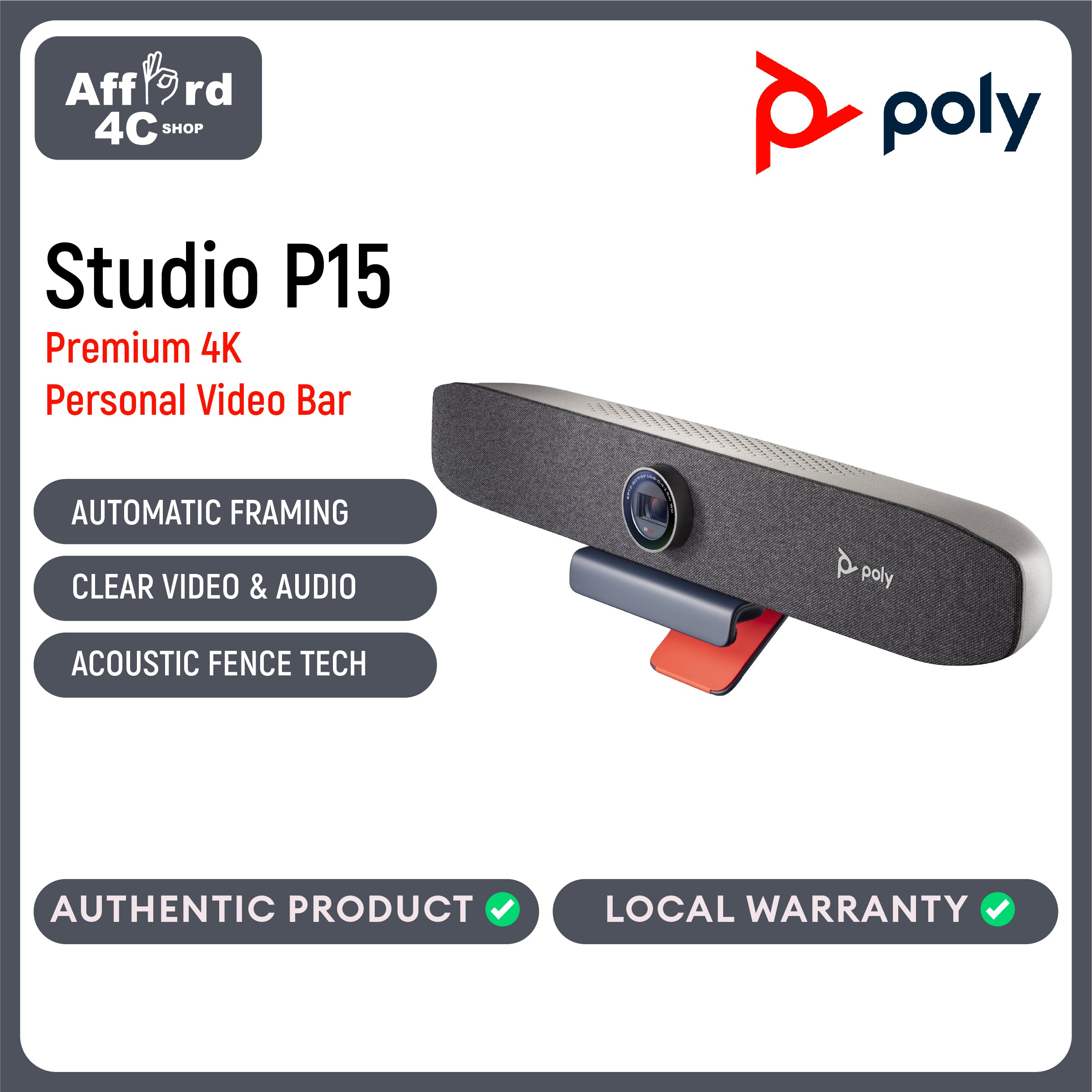 Poly Studio P15 Personal Video Bar (Plantronics + Polycom) - Complete Audio + Premium 4K Webcam Solution - Camera, Mics & Speaker - Home Office/Focus Room -Works w/Zoom (Certified) & Teams (Certified)